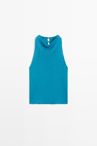 Linen blend knit button-detail top — TURQUOISE 2