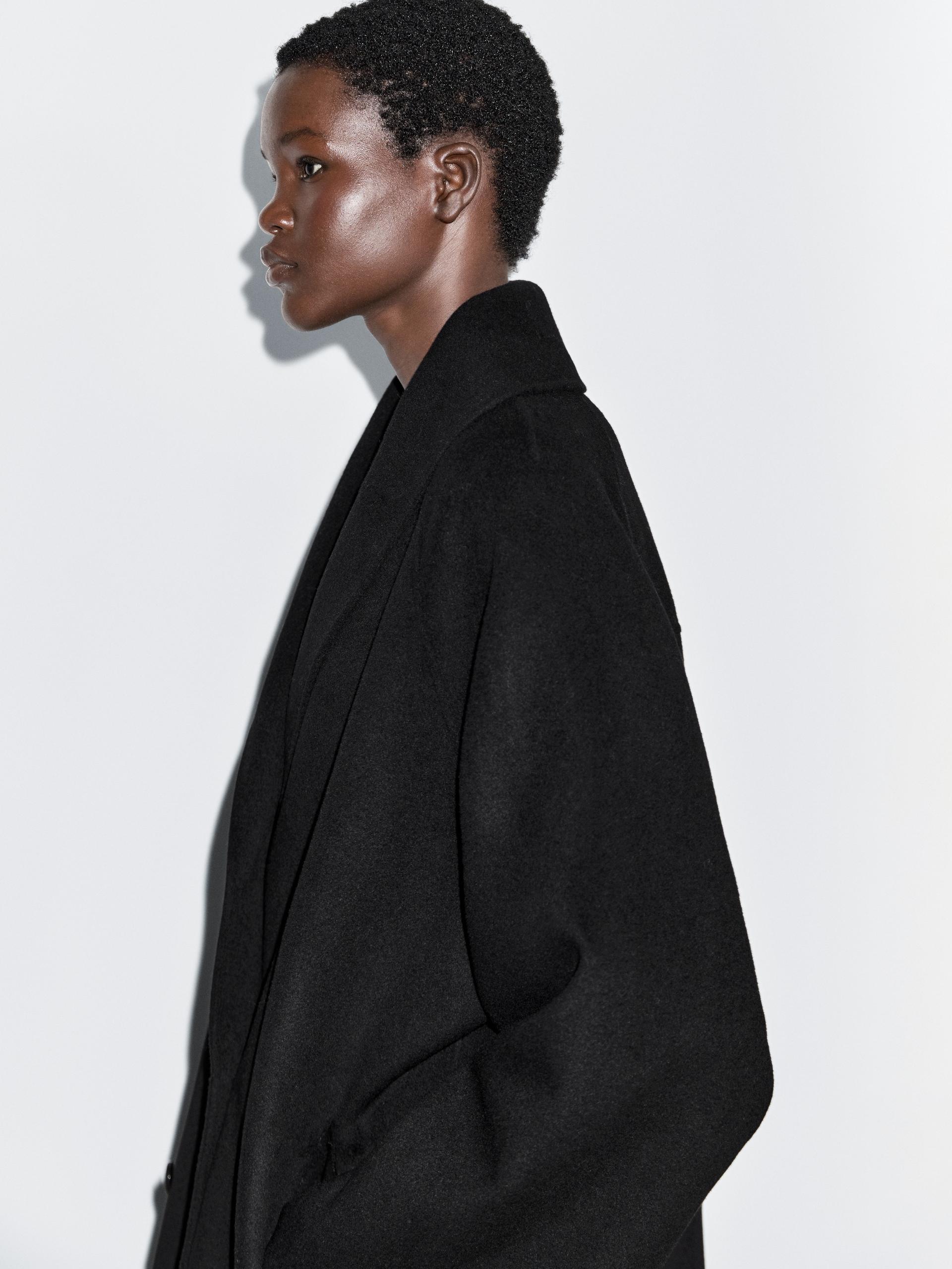 Manteau Mi-Long À Revers En Laine Mélangée - Noir - Xs - Massimo Dutti - Femme