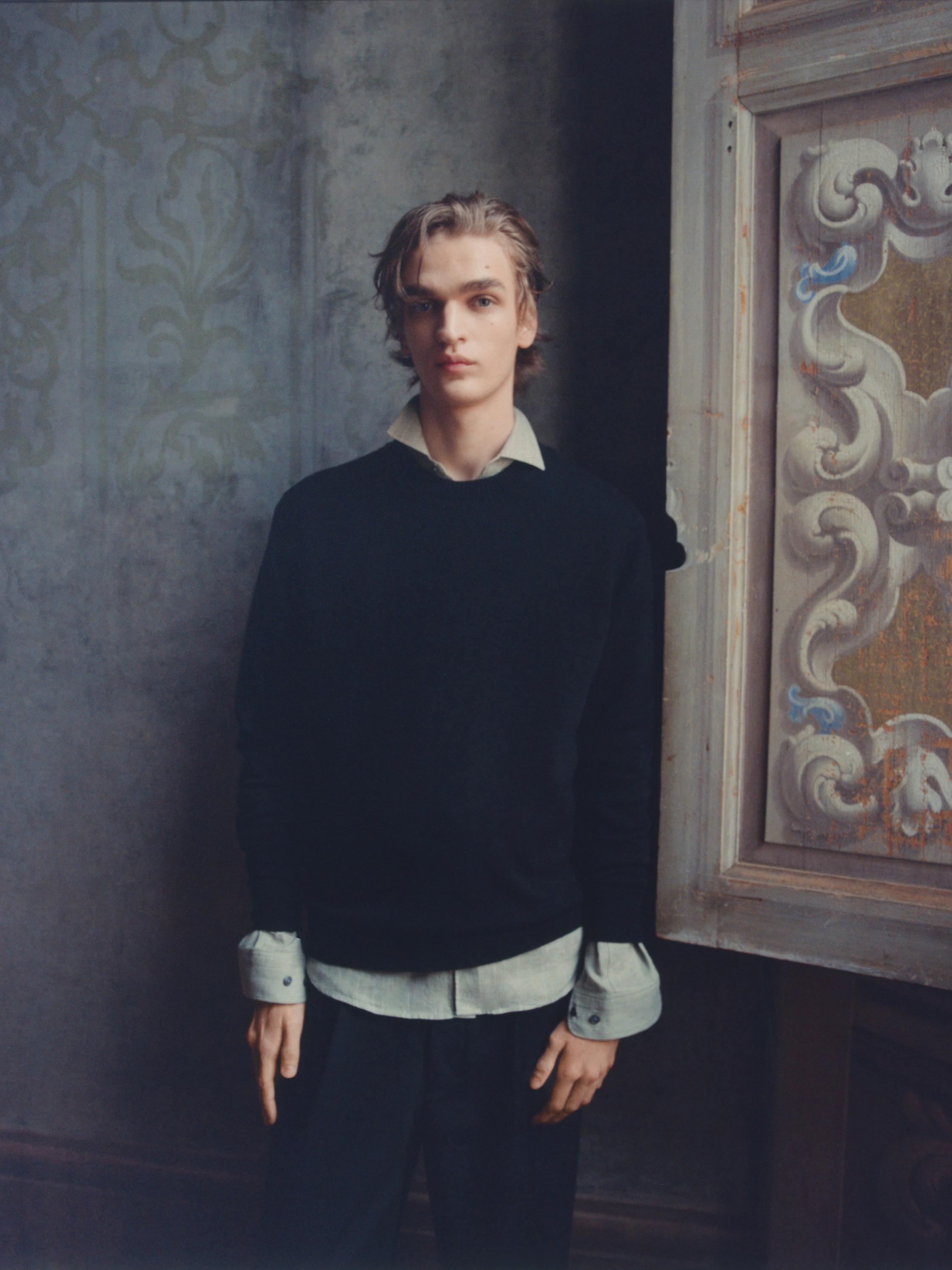 Knit cotton and wool sweater with crew neck — BLACK