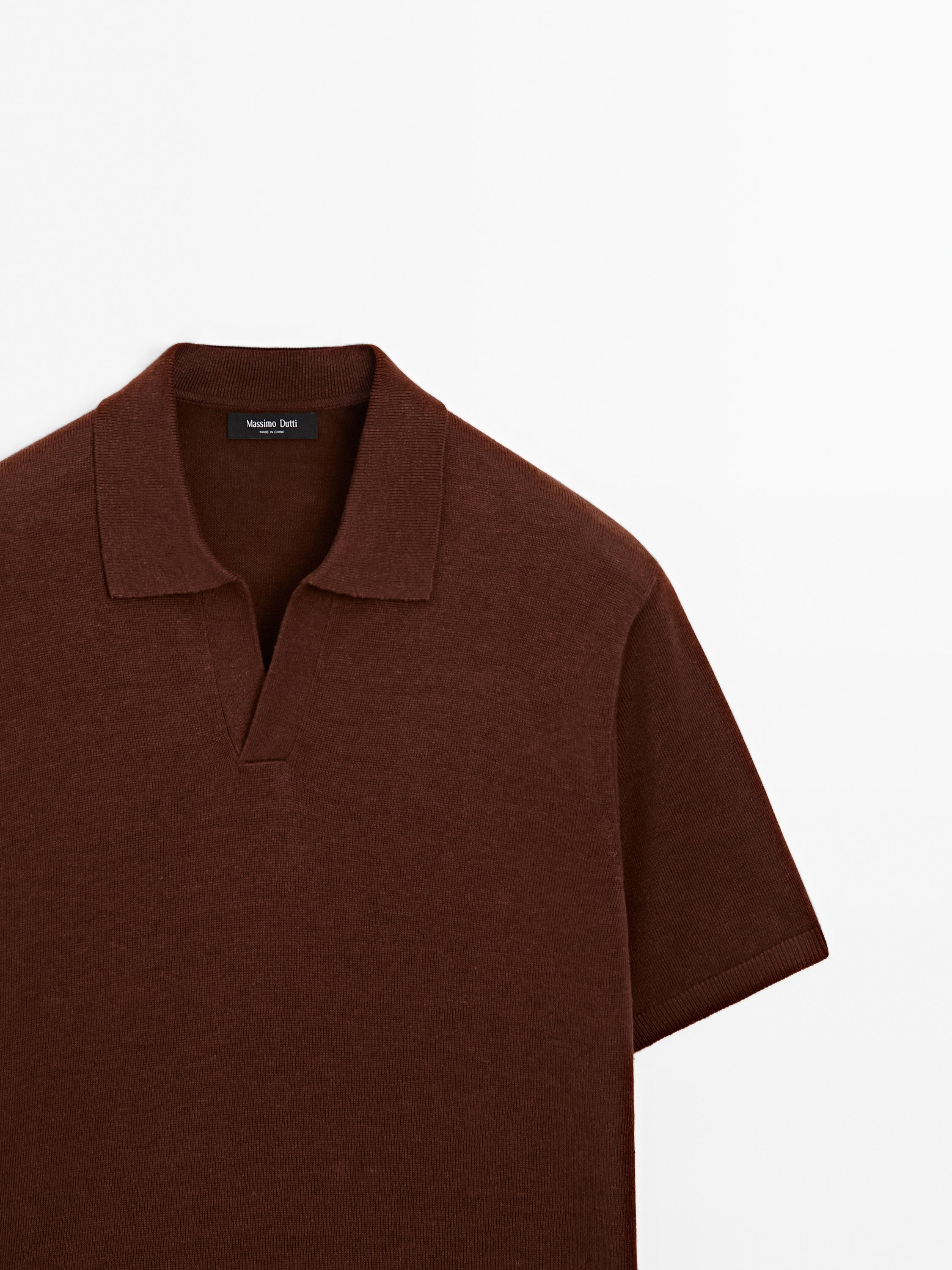Cotton and linen blend knit V-neck polo shirt
