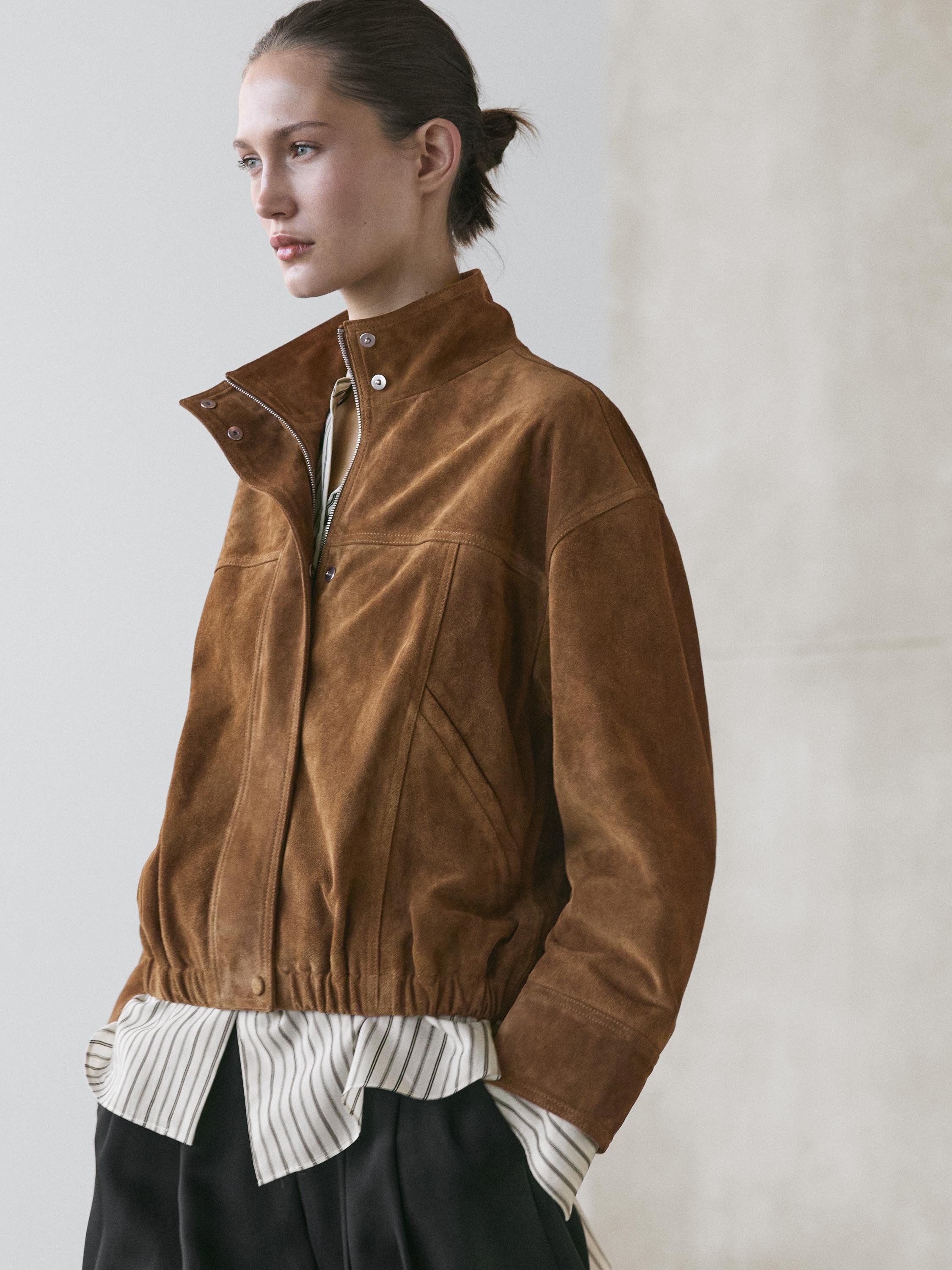 Short suede leather bomber jacket — CAMEL