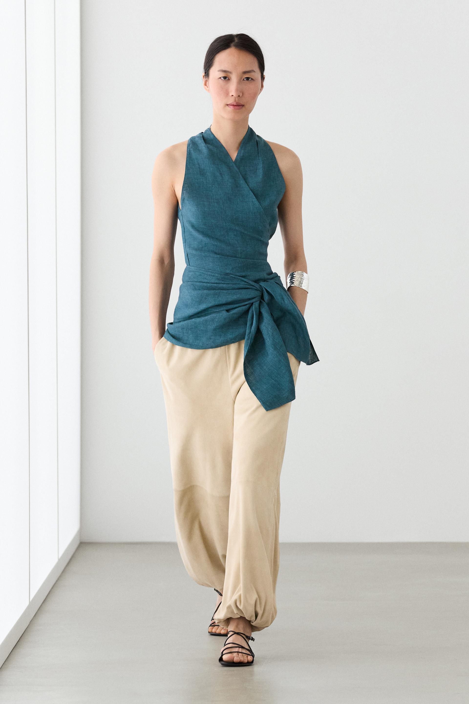 Top Croisé Avec Nœud 100 % Lin - Bleu Pétrole - M - Massimo Dutti - Femme