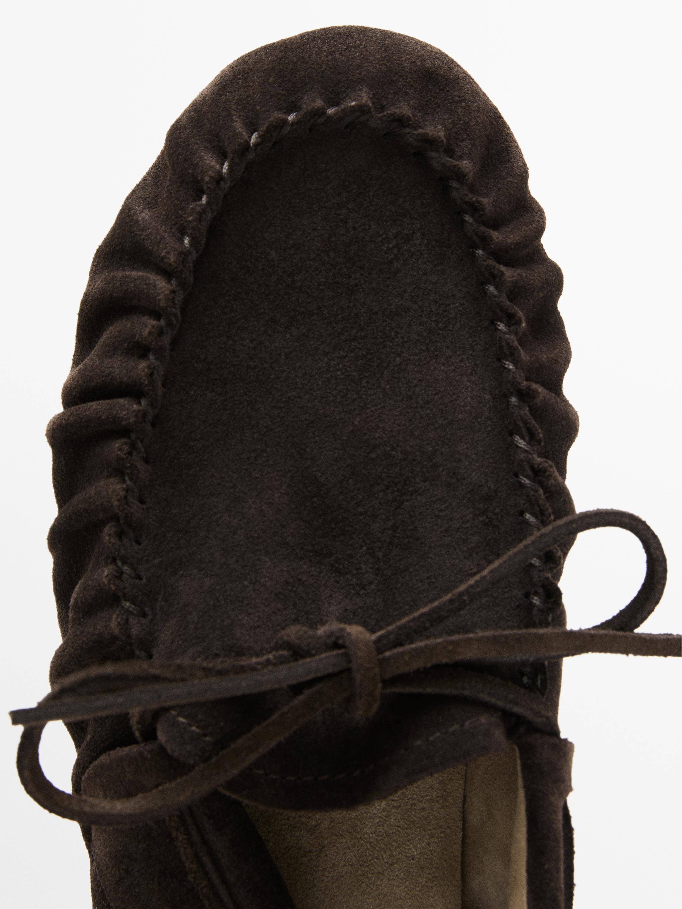 Split leather loafers with gathered bow — BROWN
