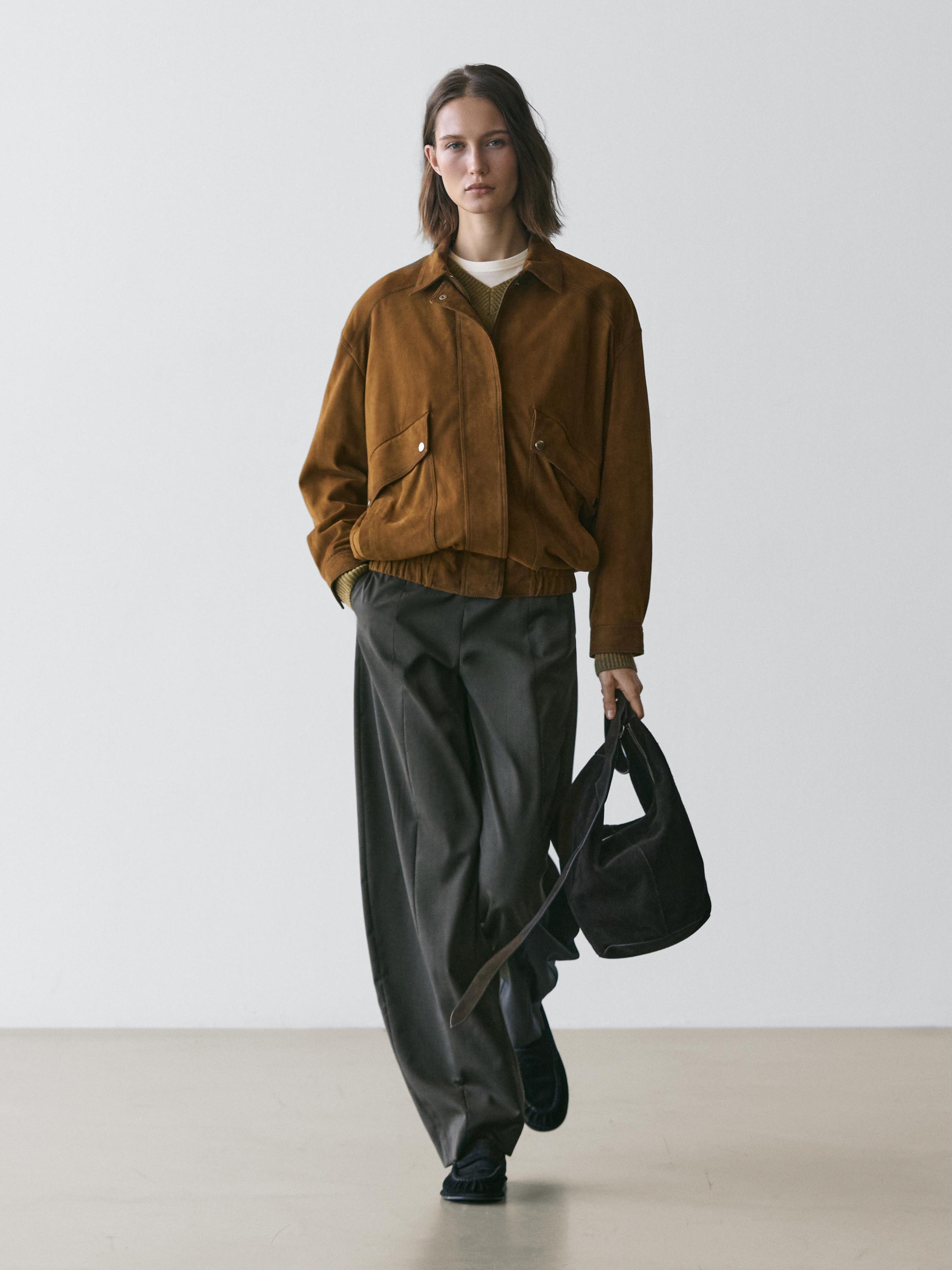 Suede leather bomber jacket with pockets