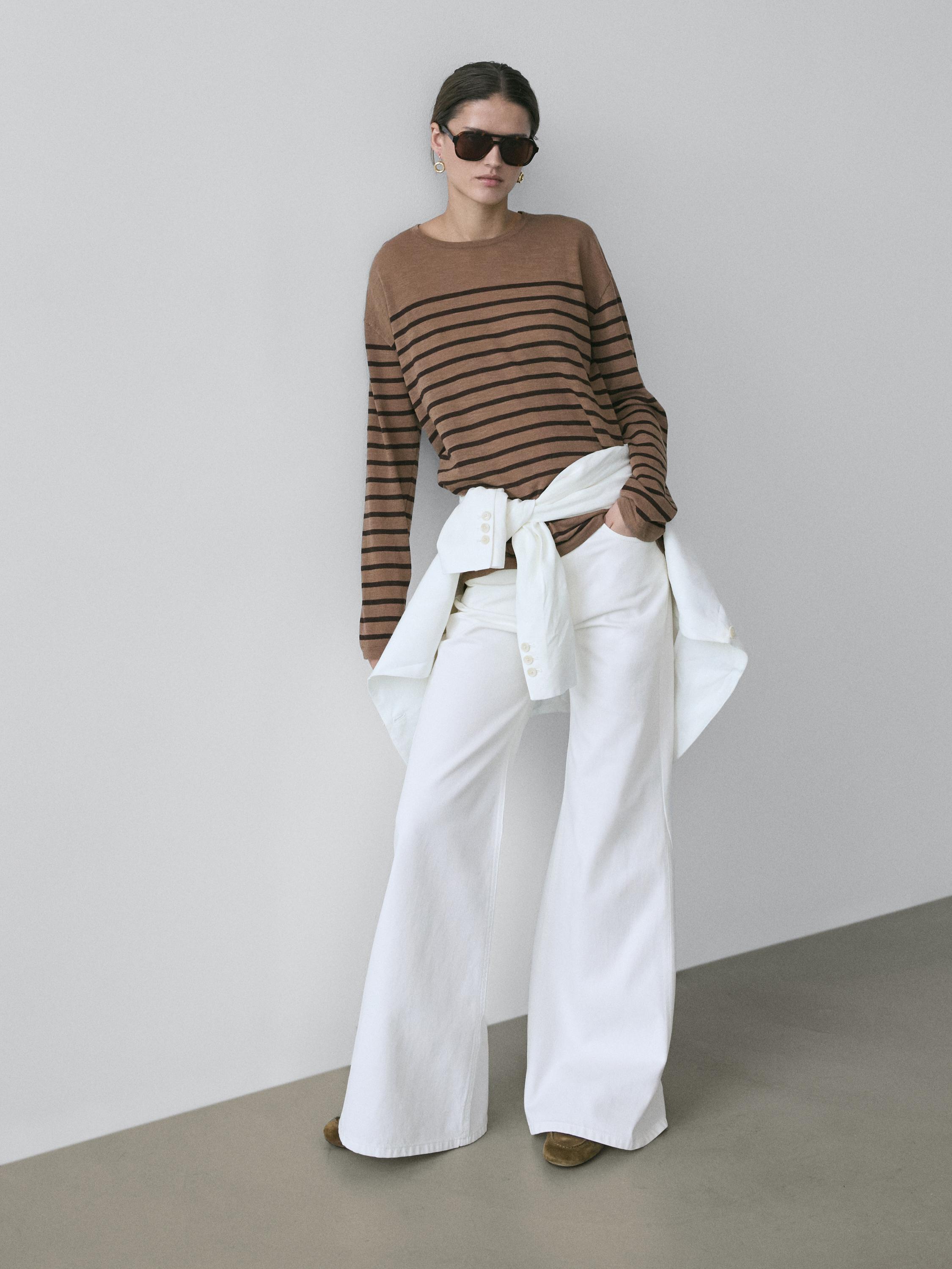 Cotton blend striped long sleeve T-shirt