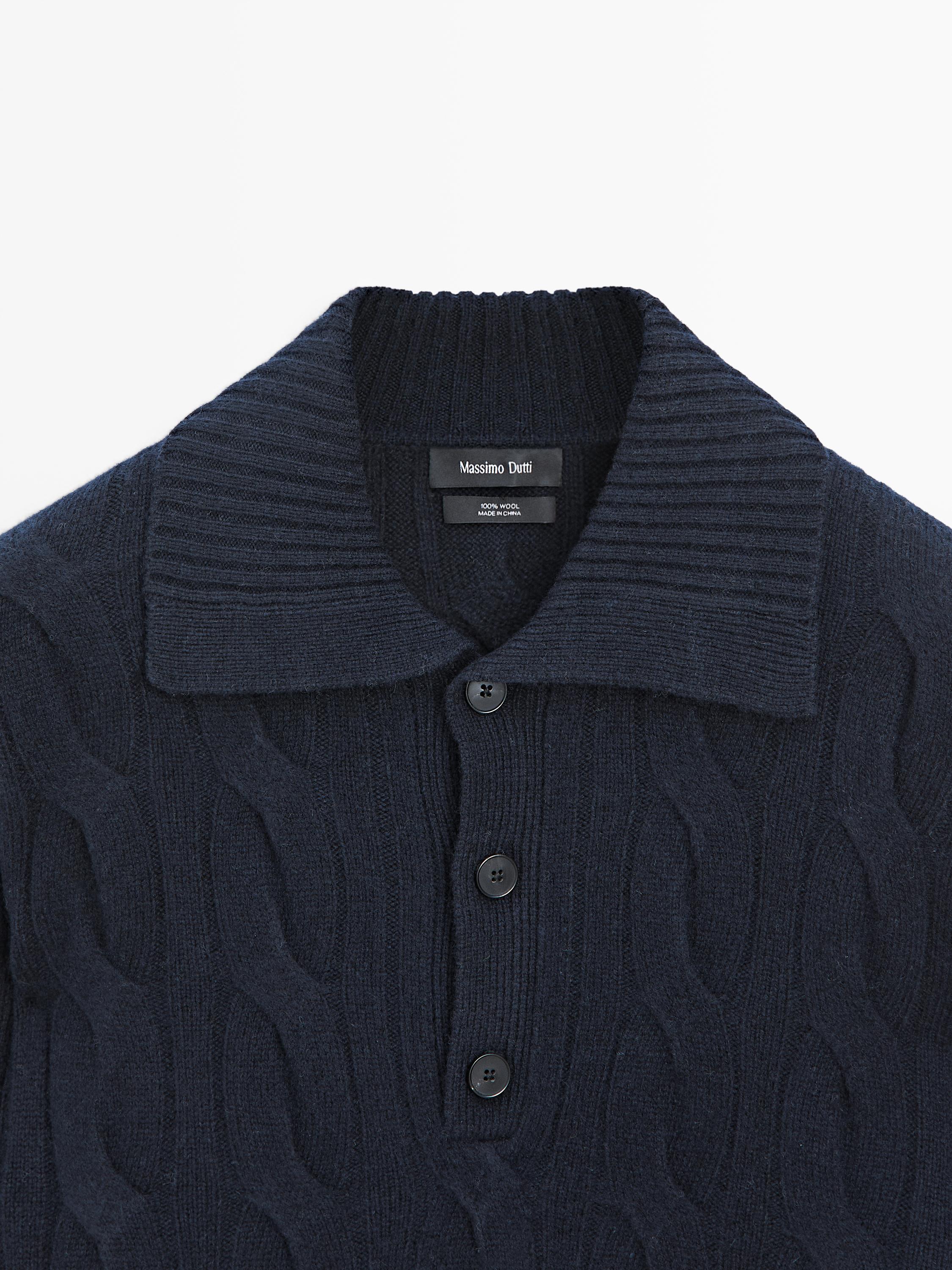 Wool cable-knit polo sweater — NAVY BLUE