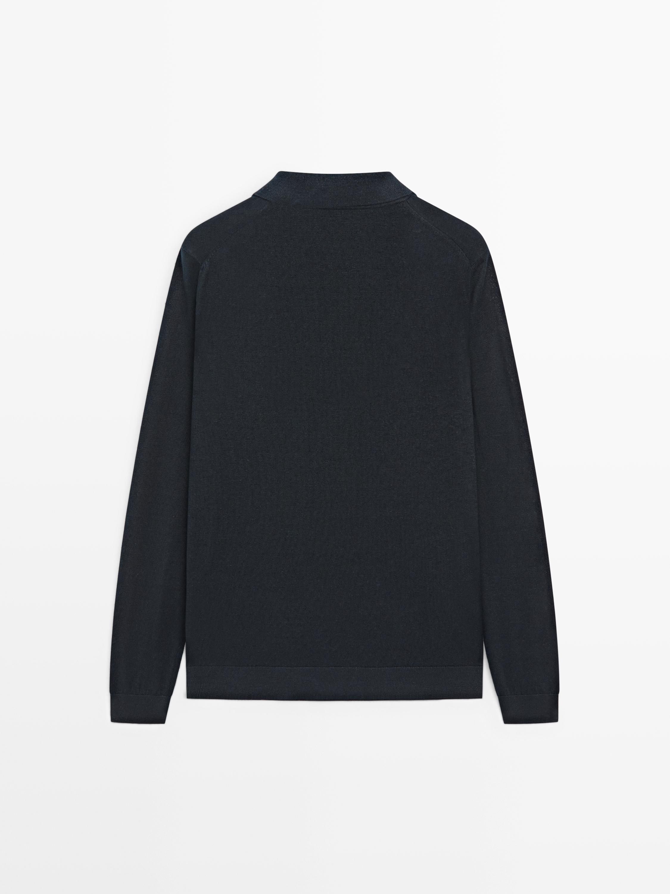 100% linen knit polo collar sweater — NAVY BLUE