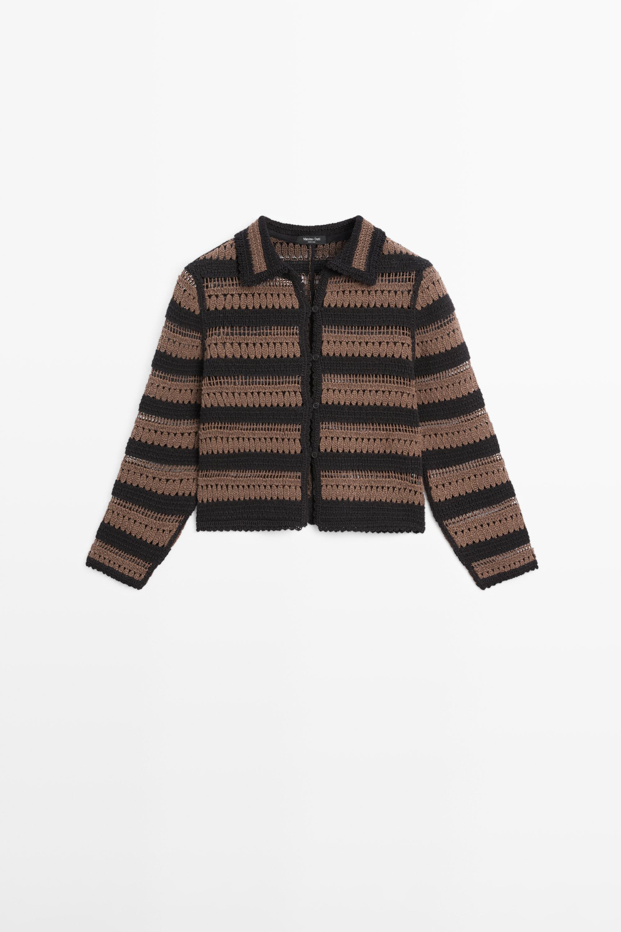 Short striped crochet knit cardigan — BROWN