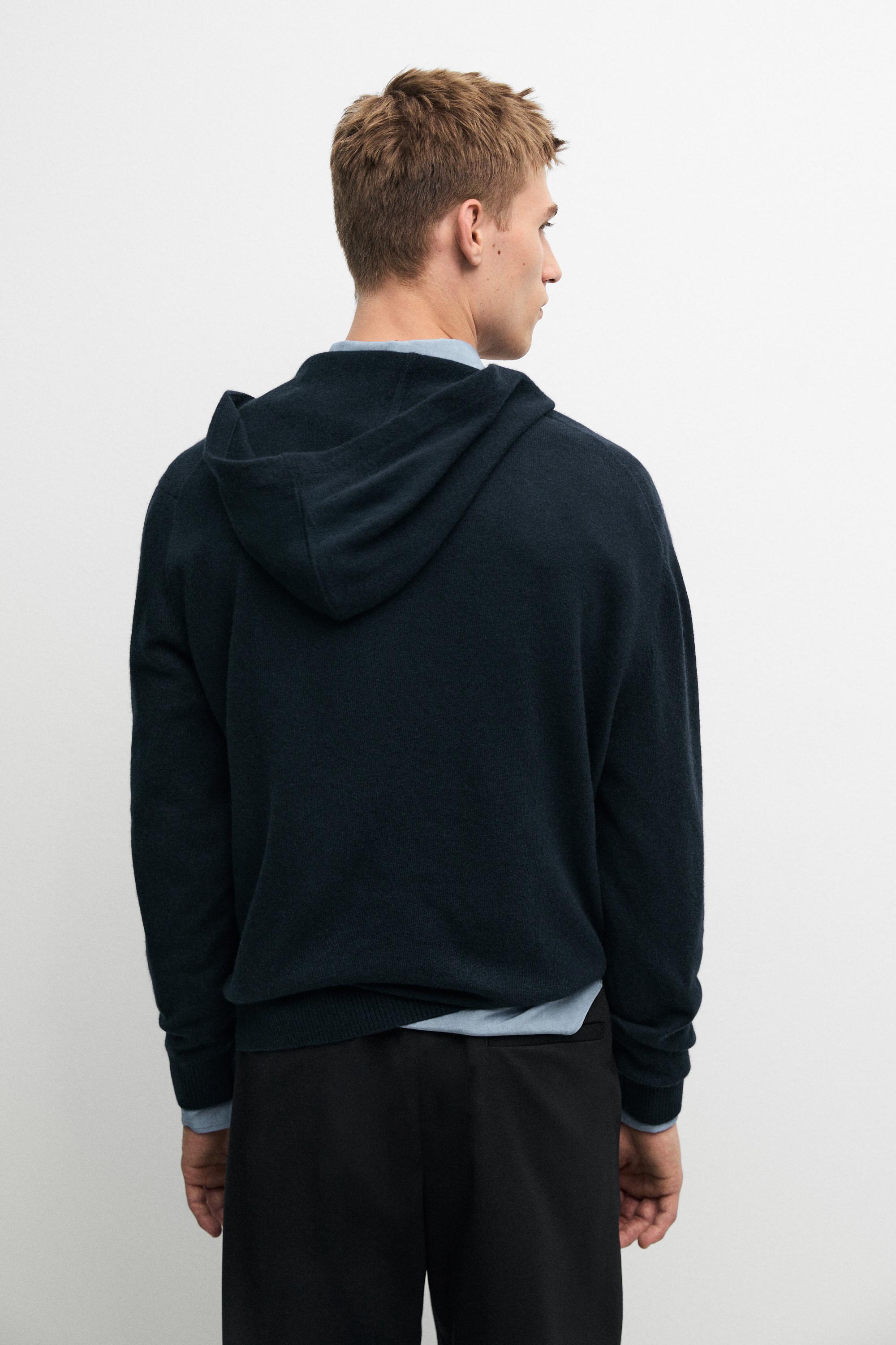 100% cashmere hooded knit cardigan — NAVY BLUE