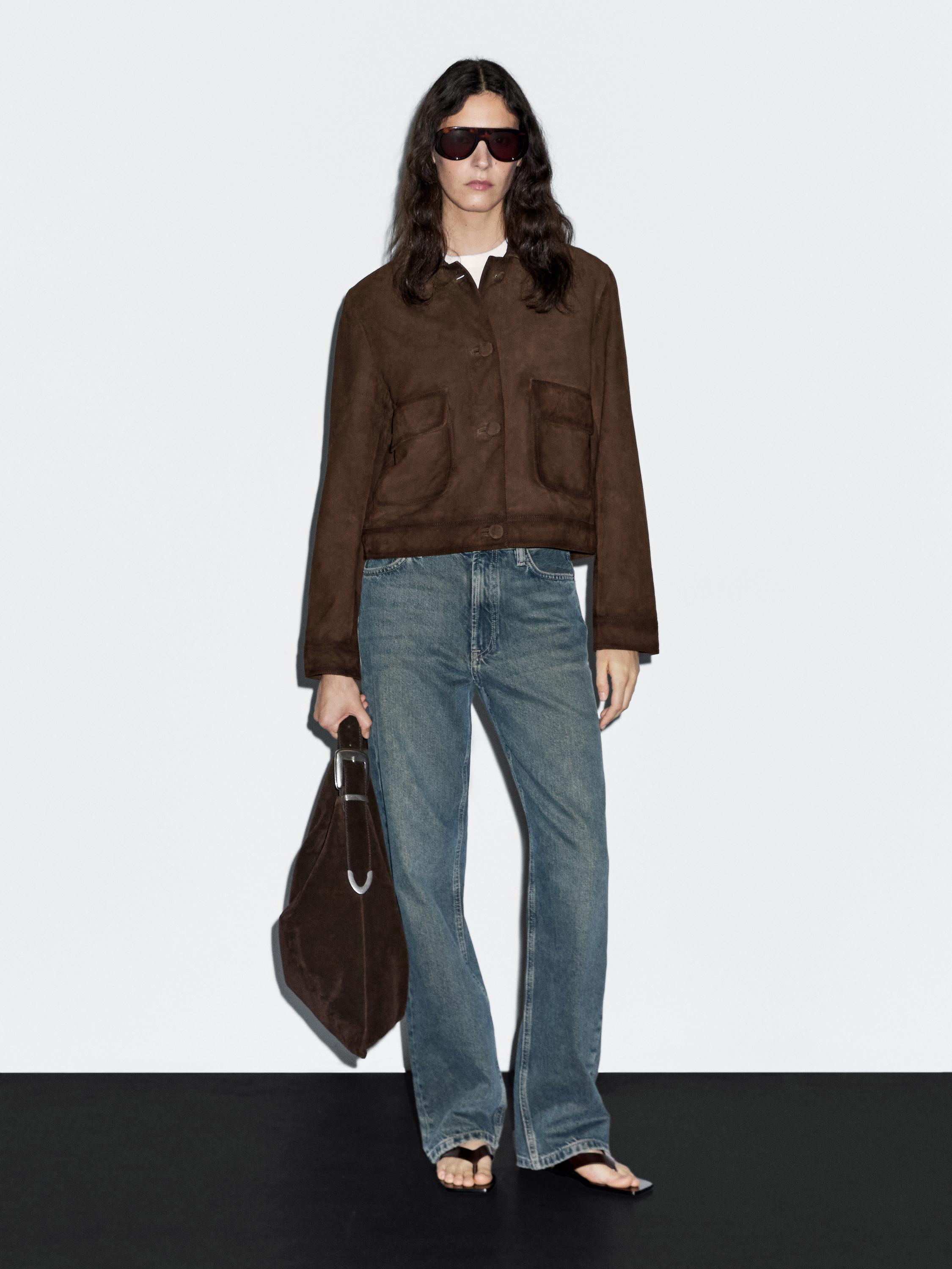 Cropped suede leather-lined jacket with buttons