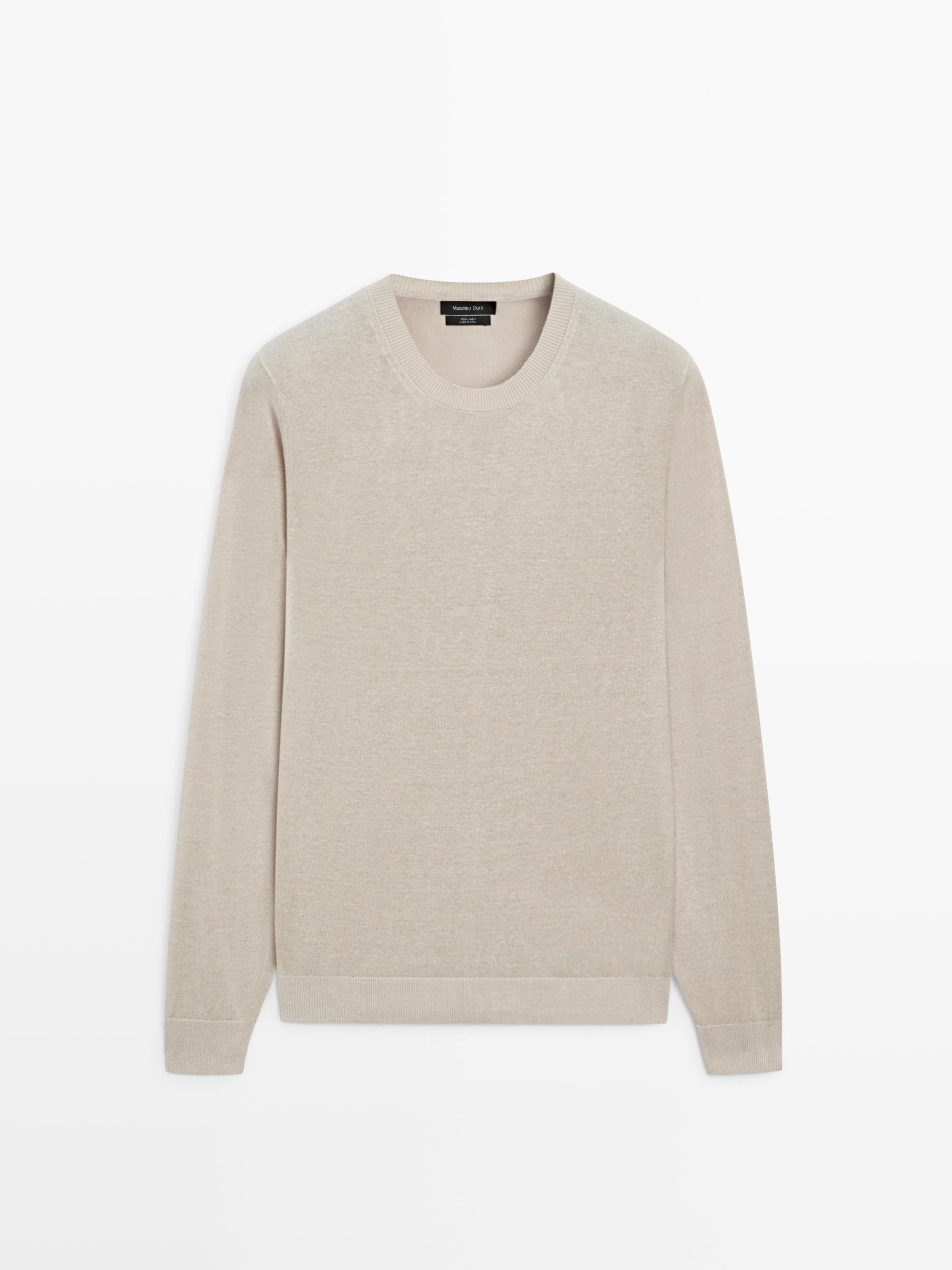 100% linen knit crew neck sweater — BEIGE