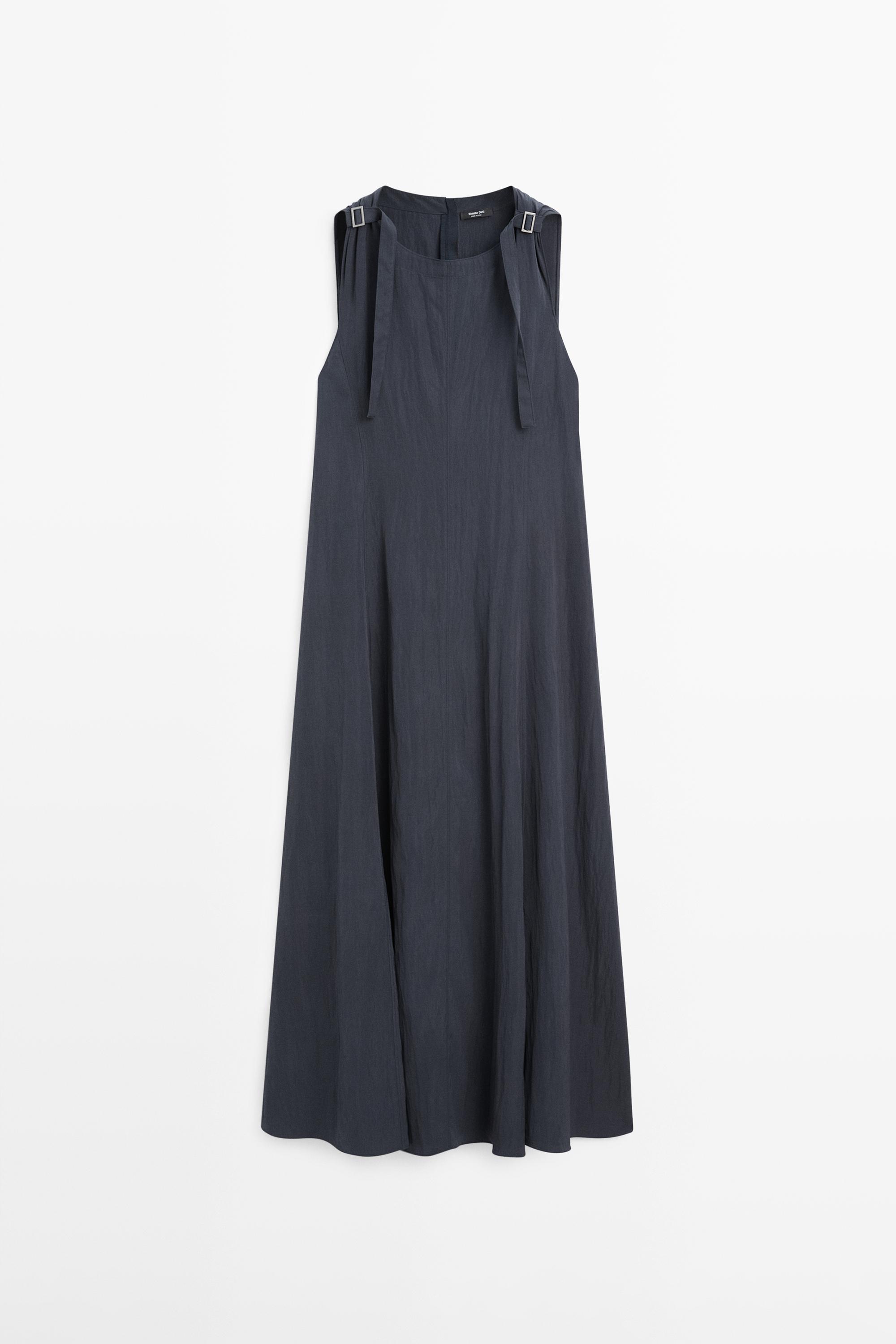 Flowing midi dress with buckles — GREY BLUE