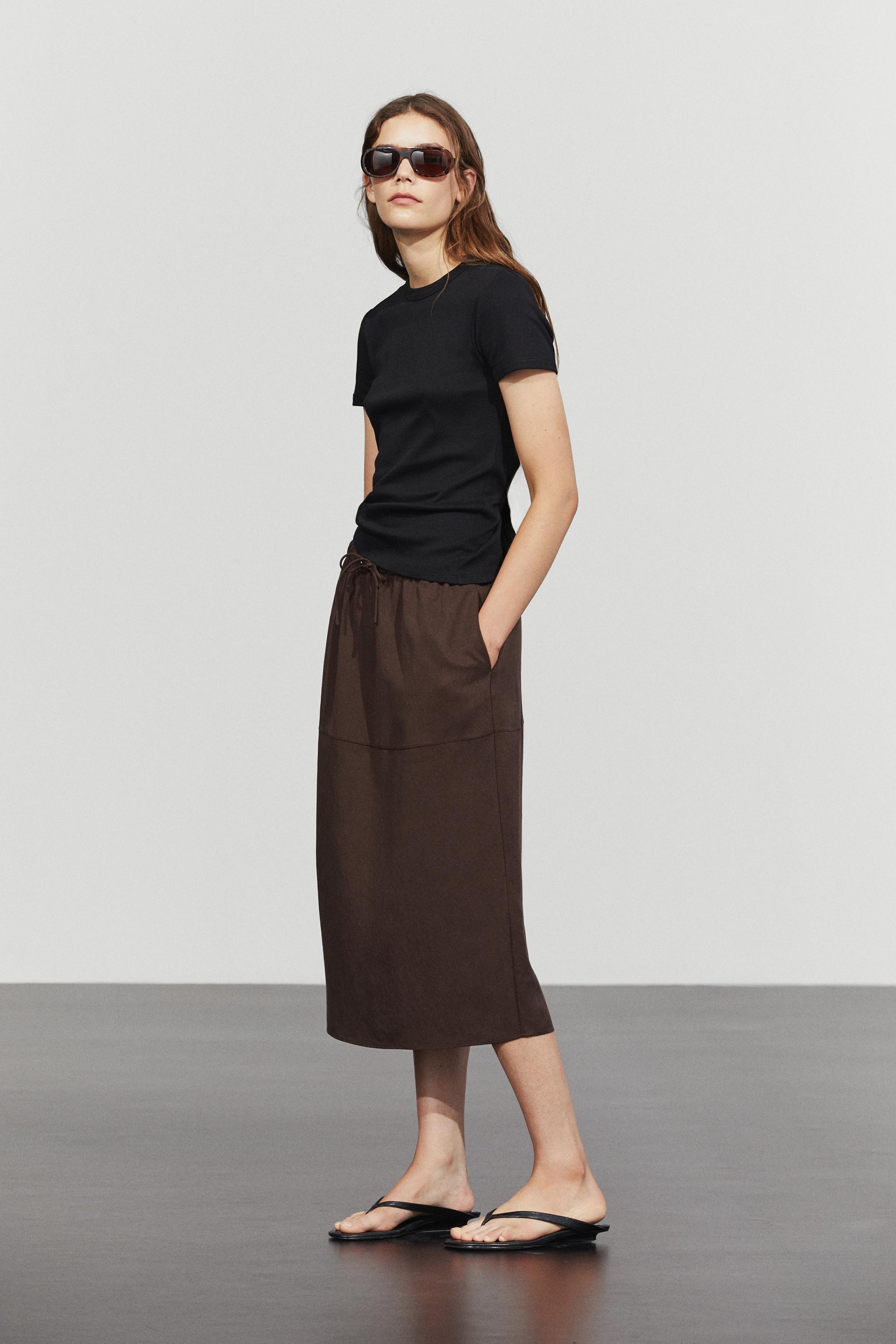 Flowing midi skirt with drawstring — BROWN