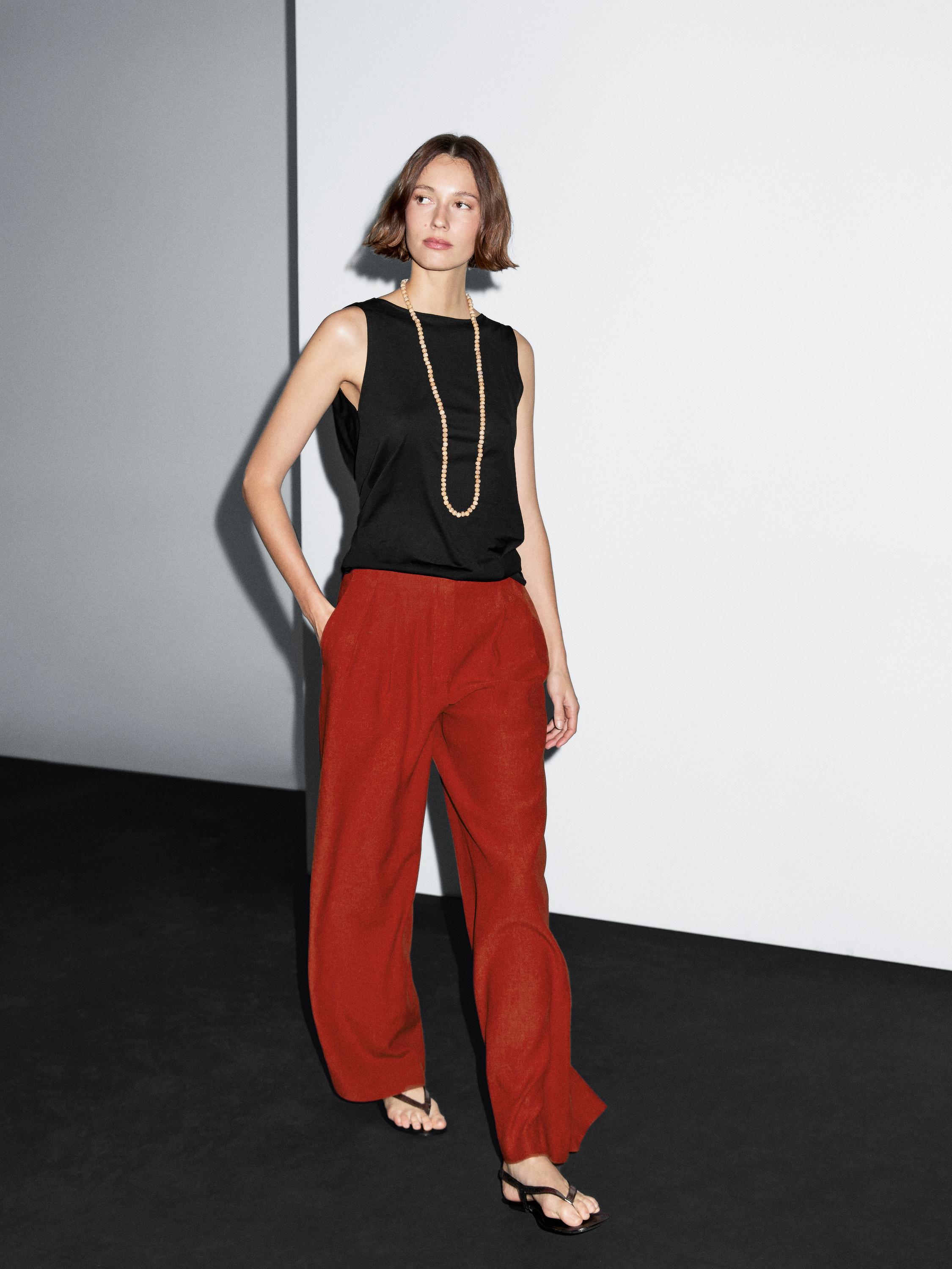 Pantalon Vetement Massimo Dutti Pantalon Fluide 100 Lin · Grenat