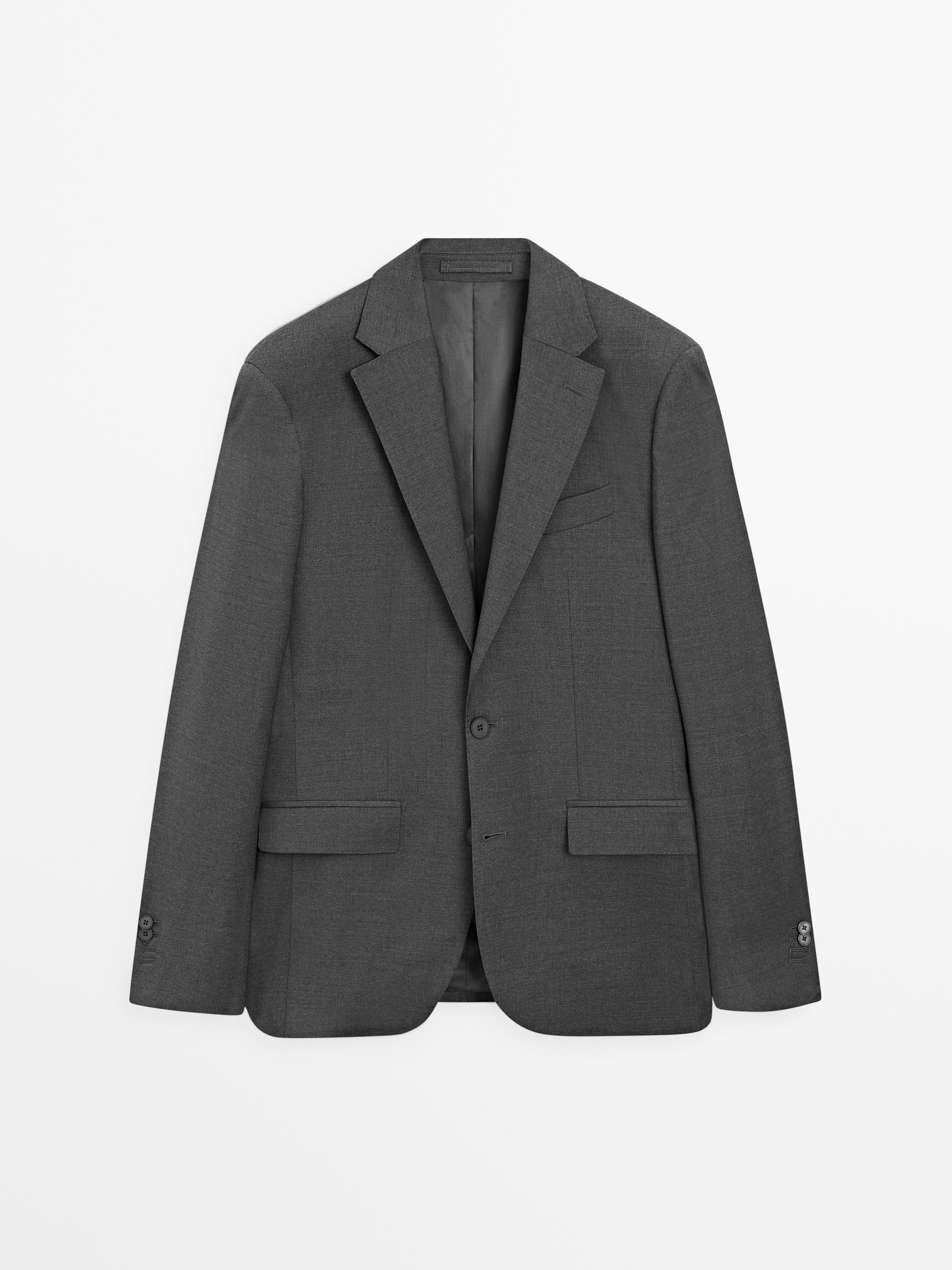 Front view of a gray blazer with a notched lapel, two-button closure, and front flap pockets.