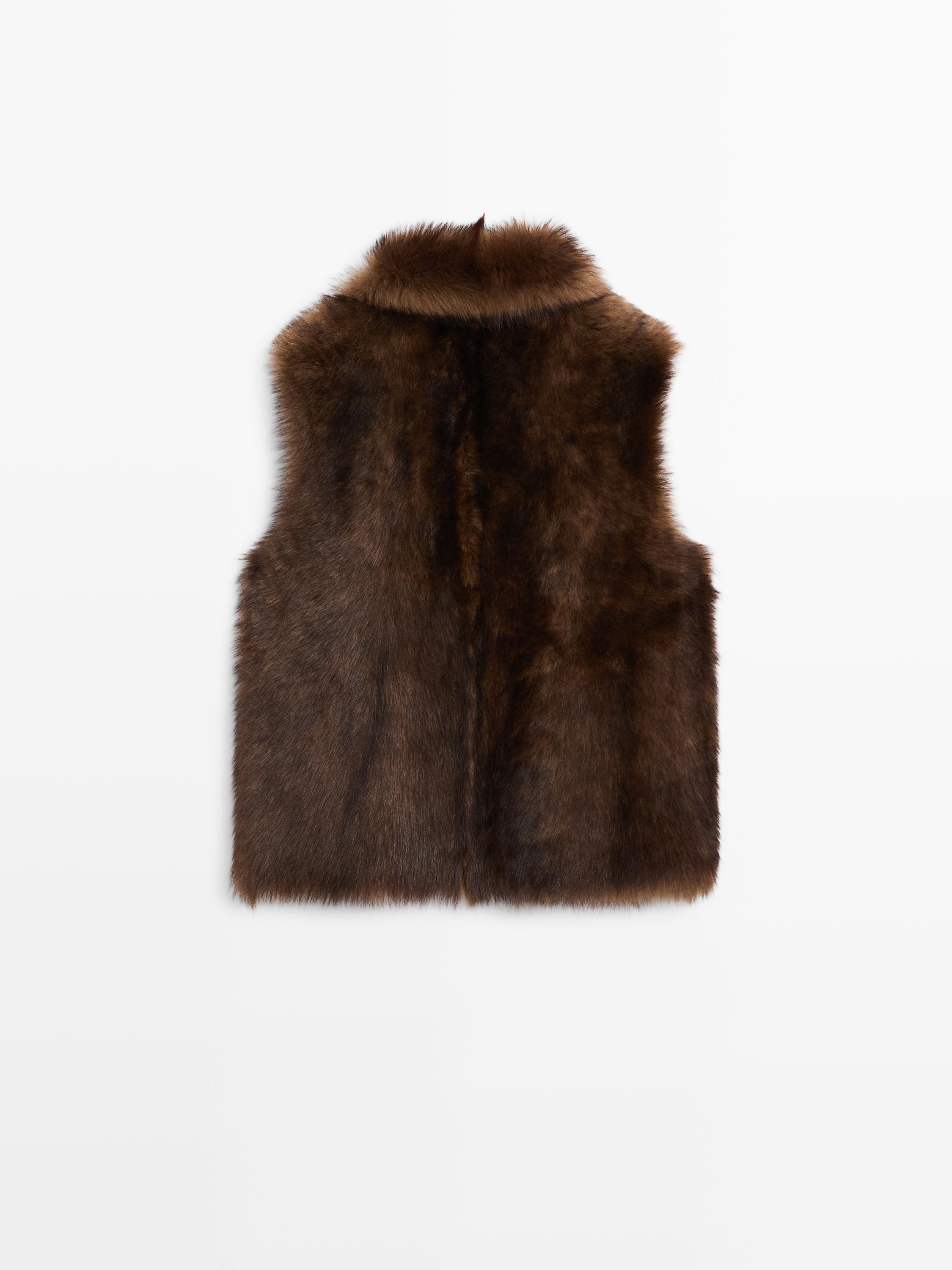 Leather high-neck waistcoat with fur — BROWN
