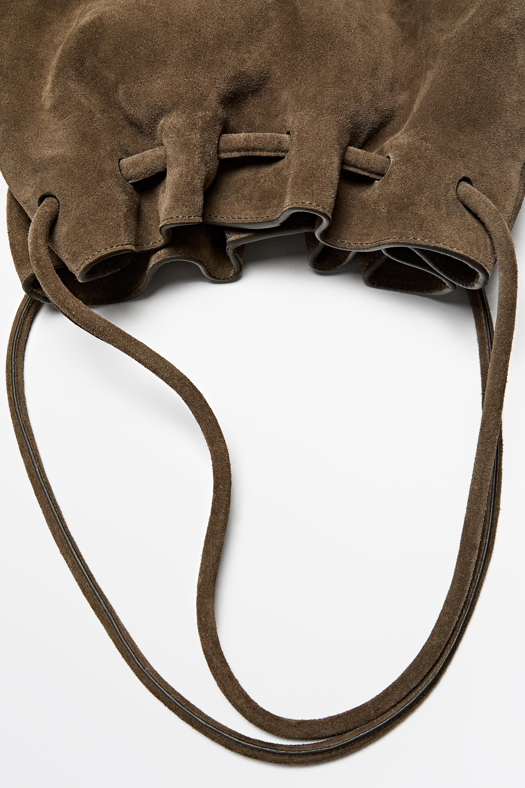 Ruched split suede leather bag — MOLE BROWN