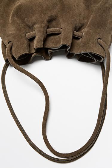 Medium gathered split suede leather bag — MOLE BROWN 8
