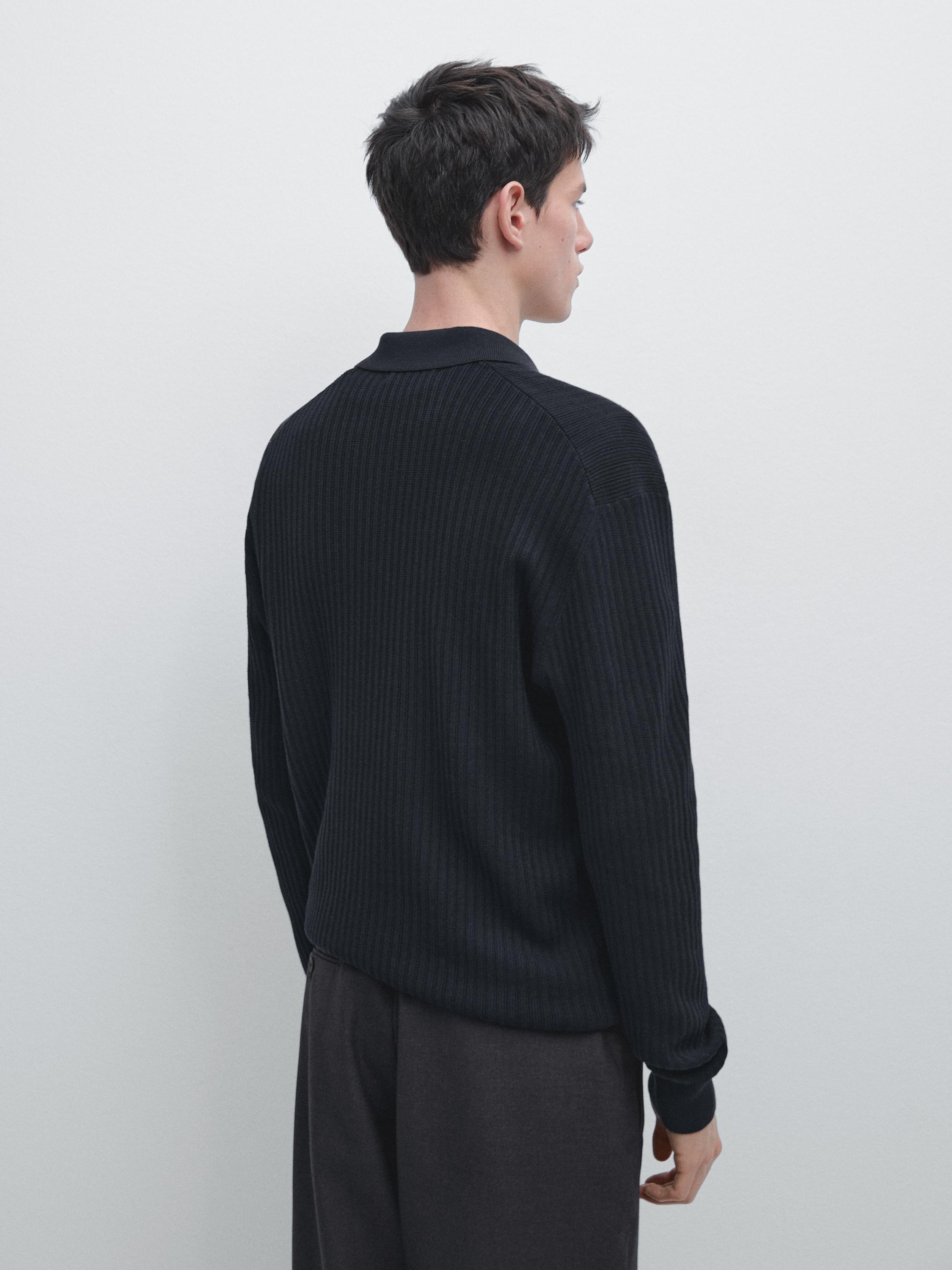 Cotton blend knit polo sweater — NAVY BLUE