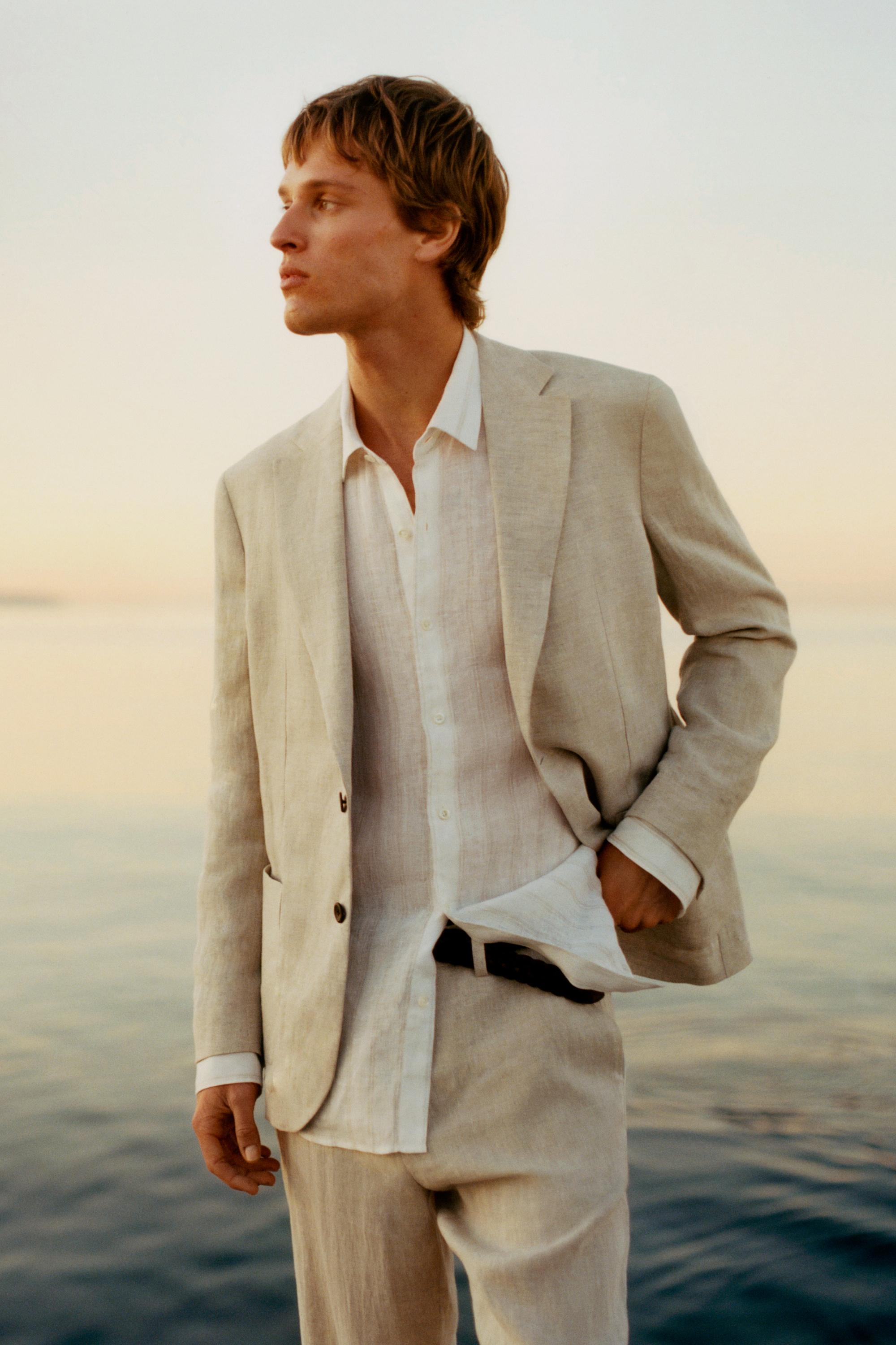 100% linen suit blazer with pocket details — CREAM