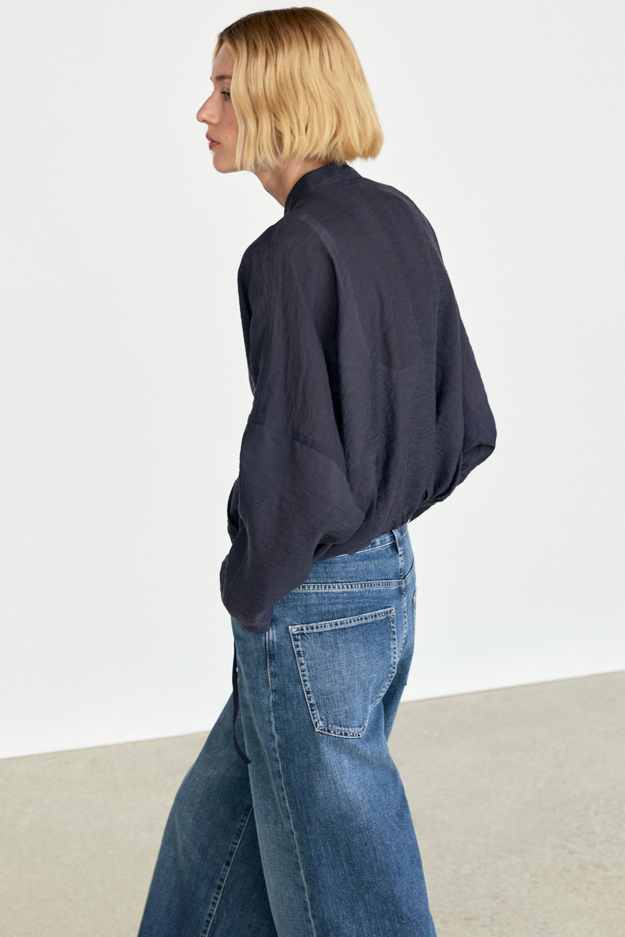 Stand collar bomber jacket with button details — MEDIUM BLUE