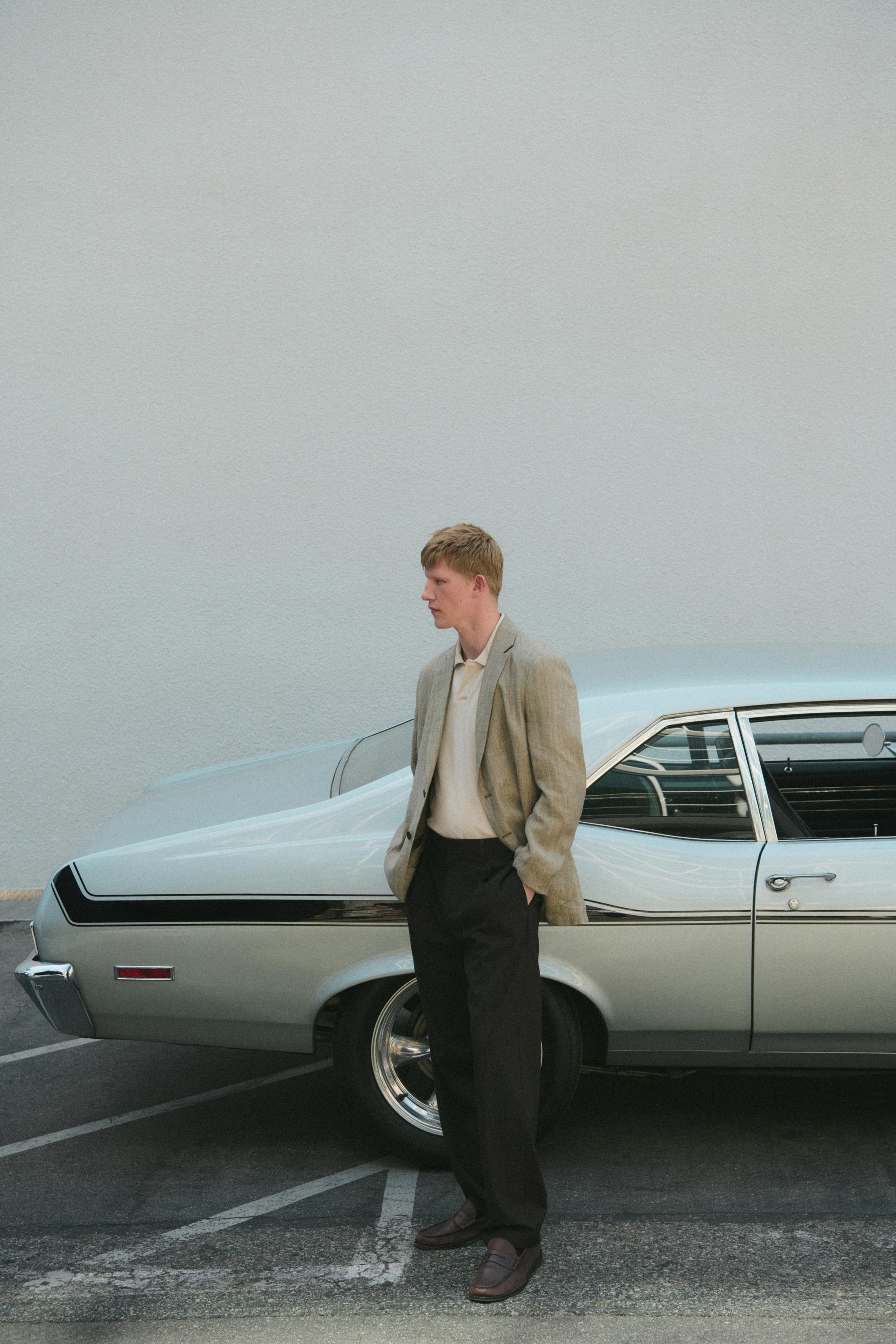 Linen herringbone stripe blazer — BEIGE