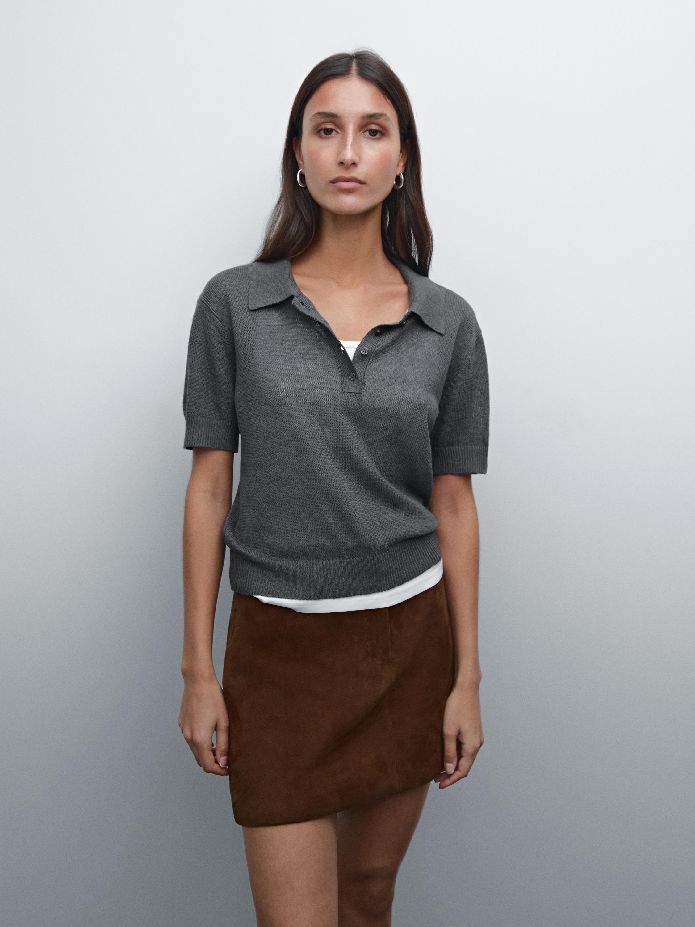 Linen blend cutwork polo sweater