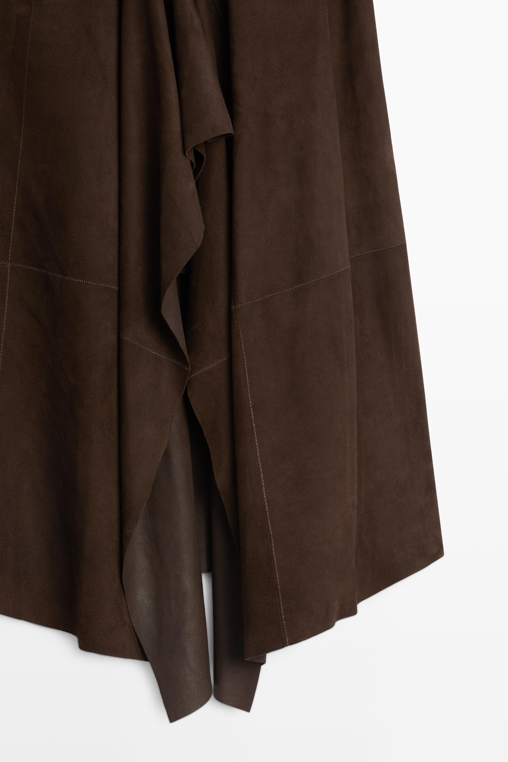 Suede leather midi skirt with ruffle detail — BROWN