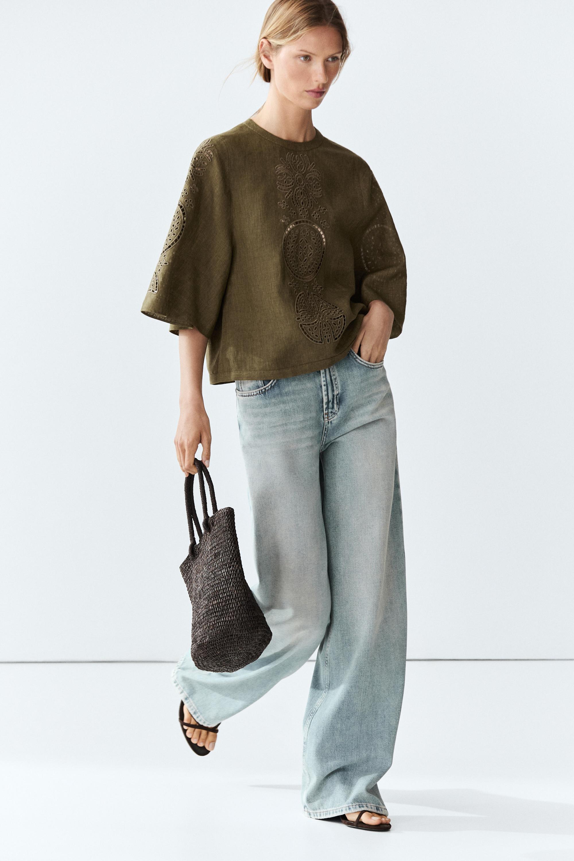Linen blend blouse with embroidered details — GREEN