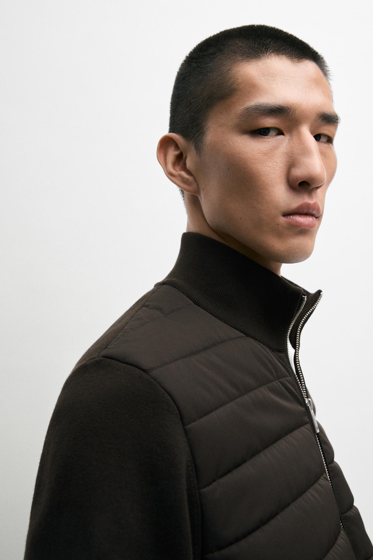 Blended fabric stand-collar cardigan — BROWN