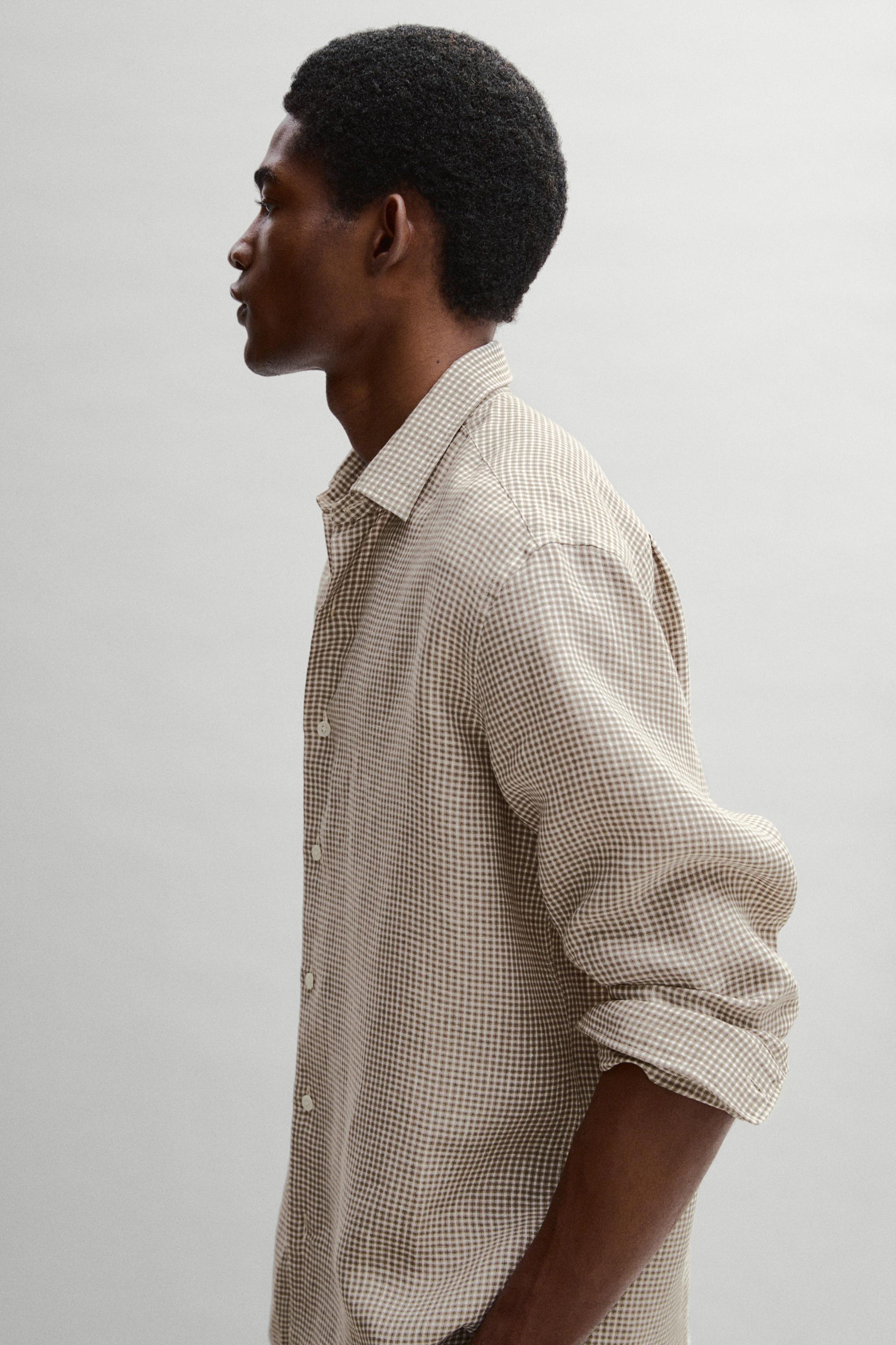 100% linen regular fit check shirt — BROWN