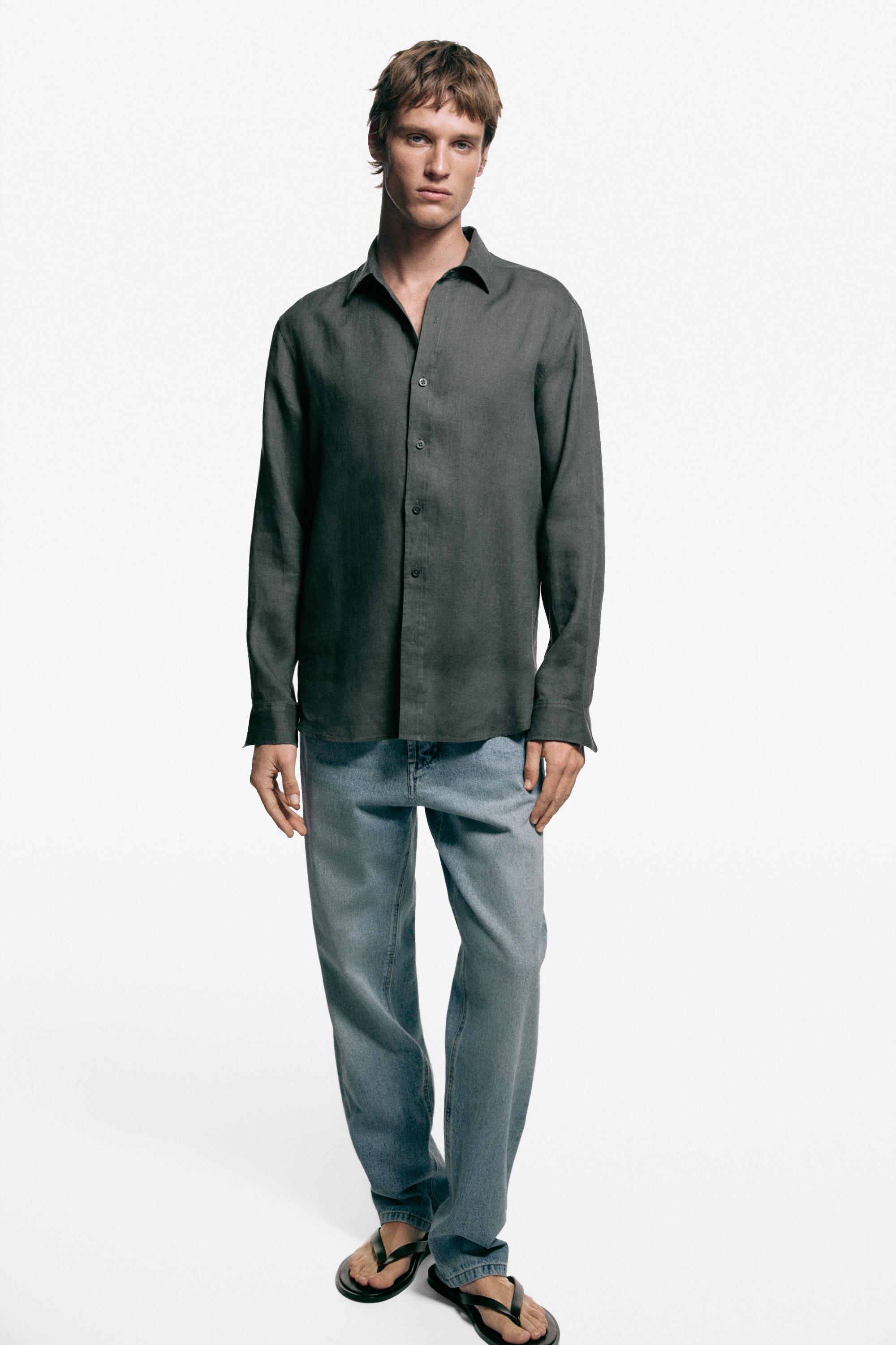 100% linen slim fit shirt — DARK GREEN