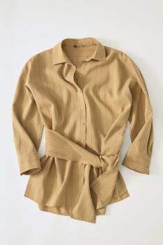 Striped flowing shirt with corset belt detail — MUSTARD YELLOW