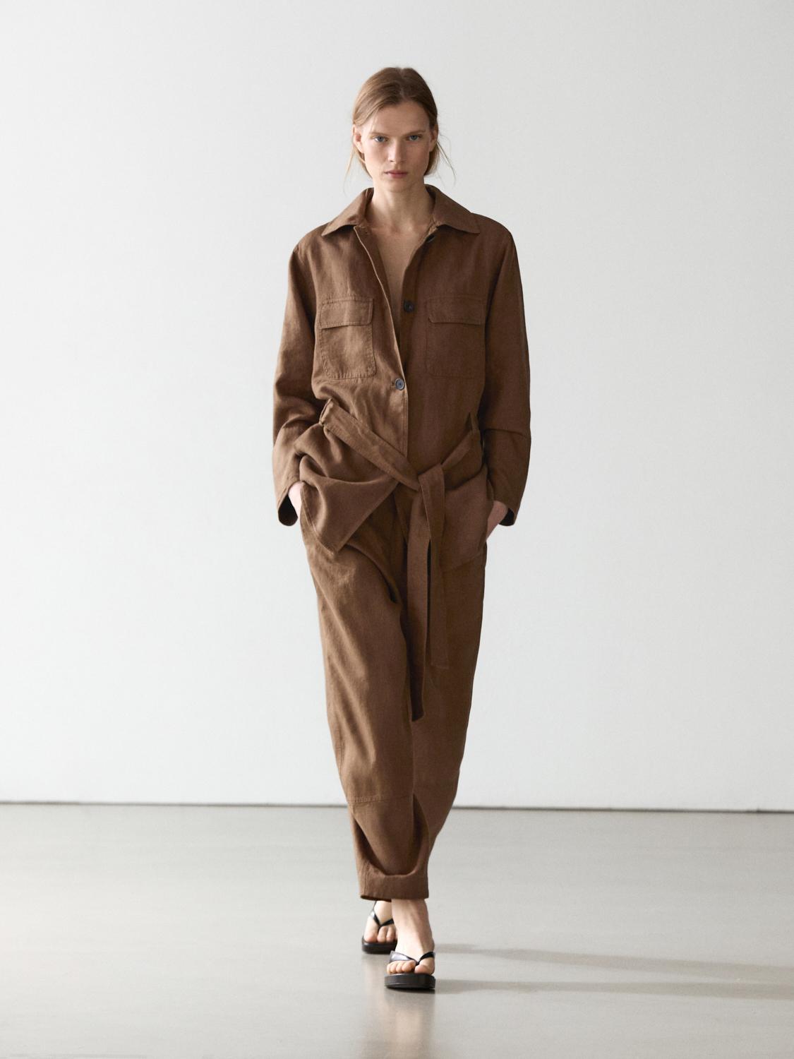 100% linen blazer with pockets and belt detail — BROWN