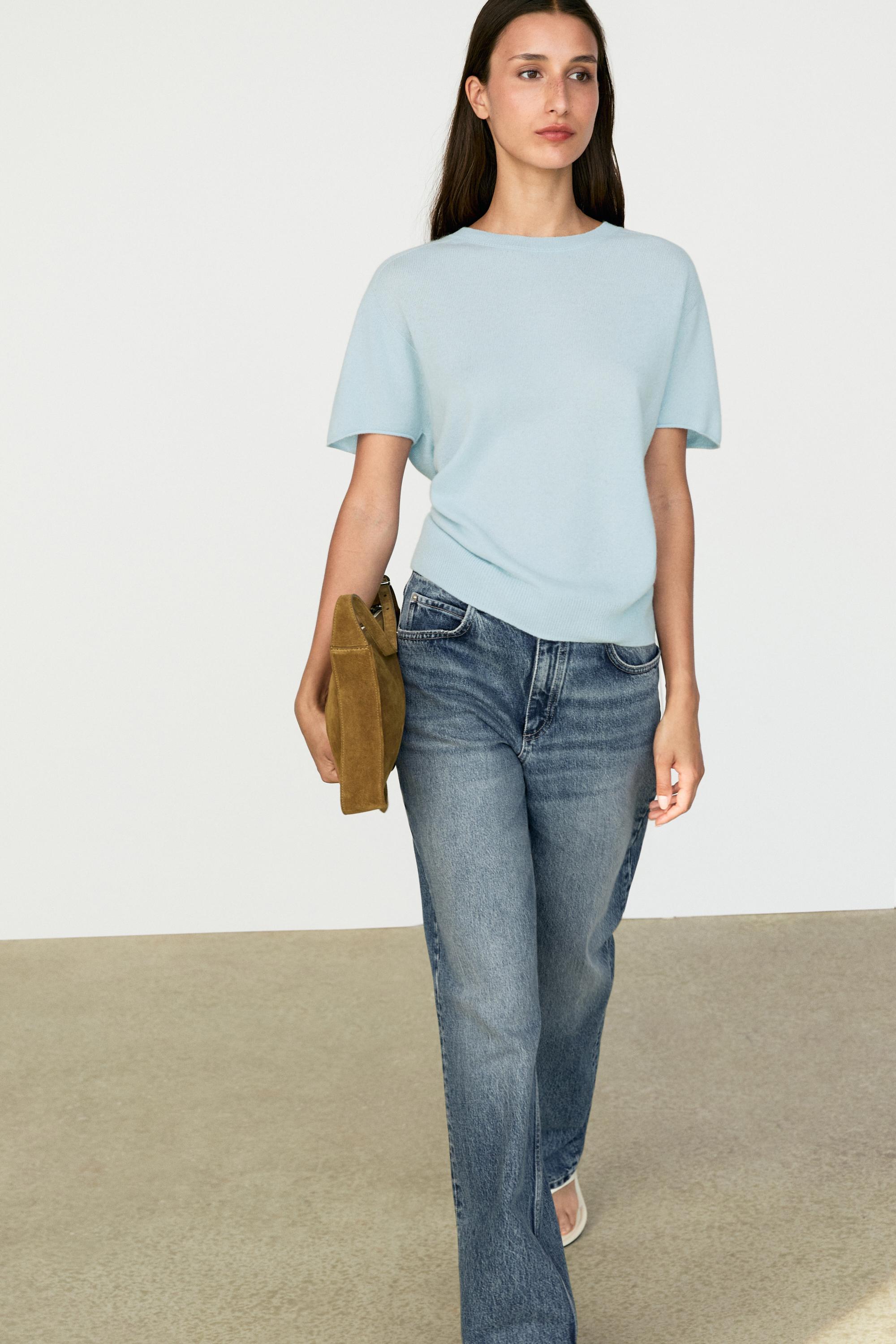 100% cashmere short sleeve knit sweater — SKY BLUE