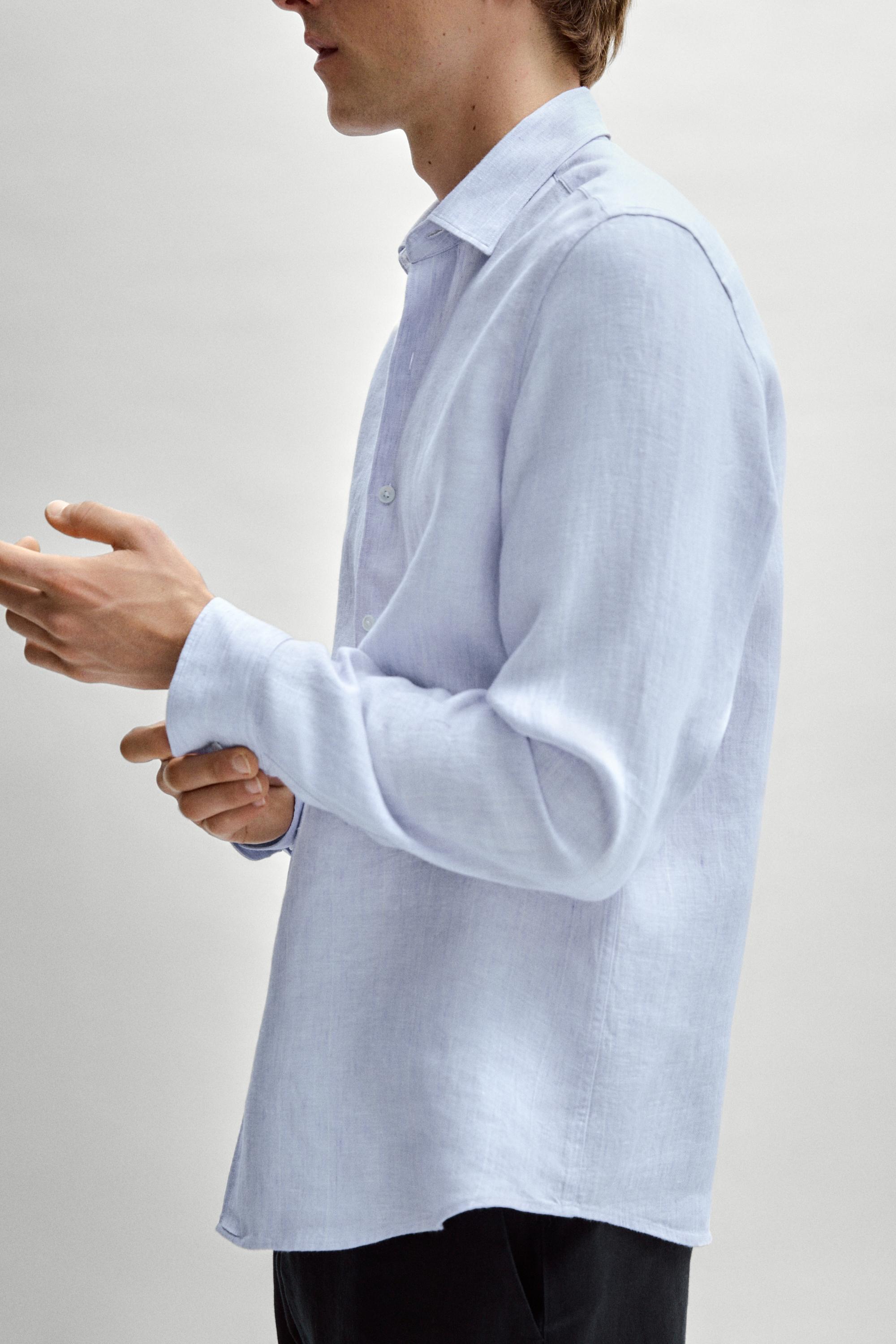 100% linen regular fit striped shirt — Light Blue