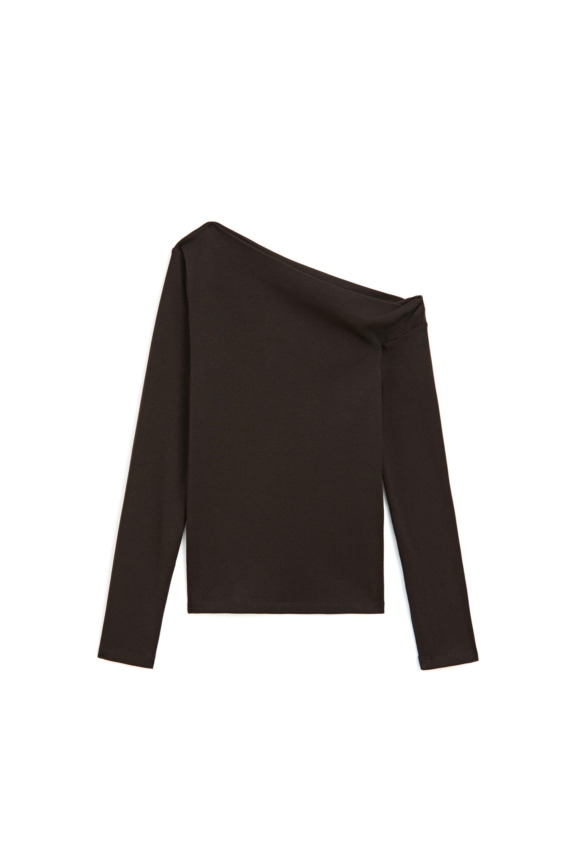 Draped shoulder detail T-shirt — BROWN