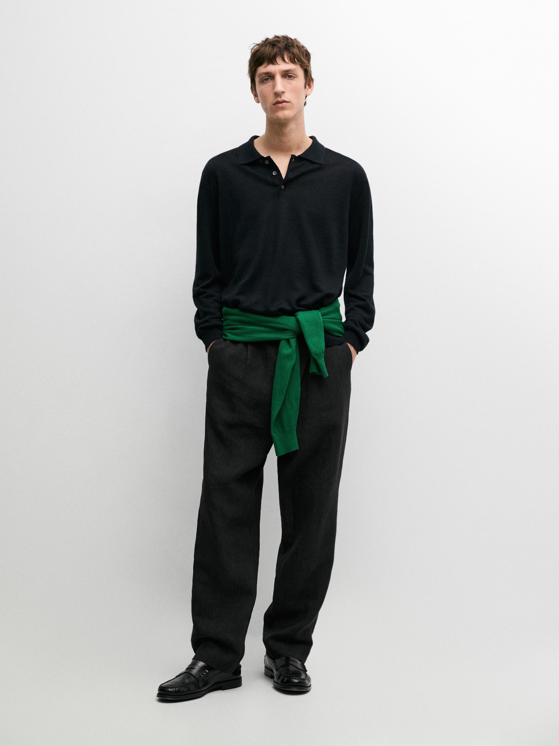 100% linen knit polo collar sweater — NAVY BLUE