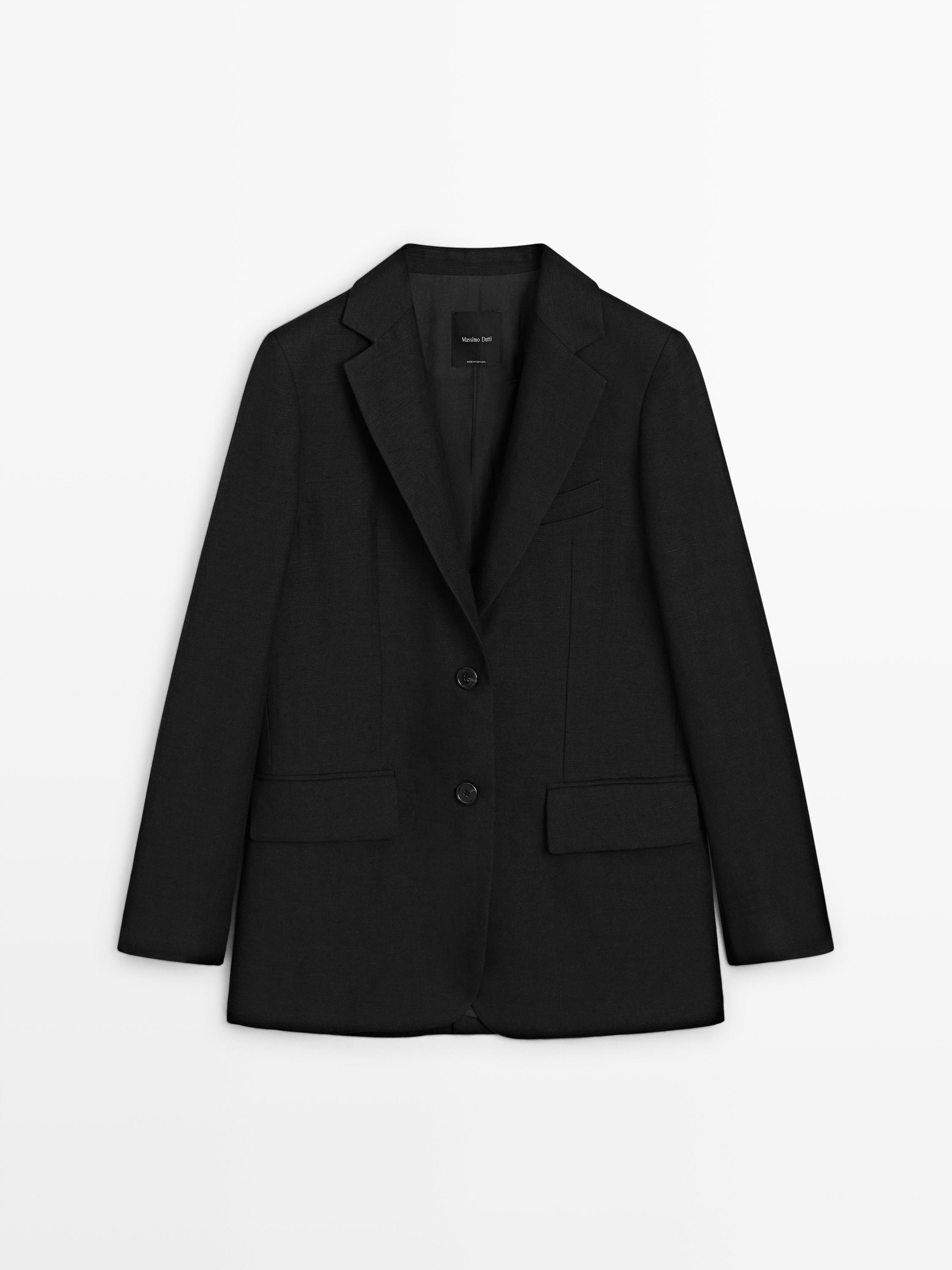 100% linen blazer with pockets — BLACK