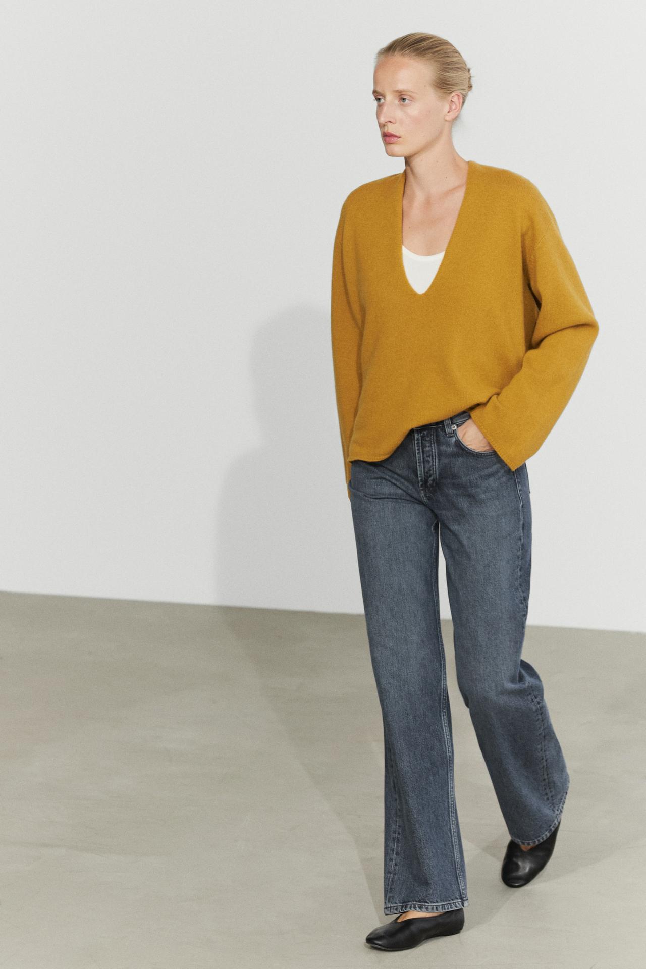 Long-line knit sweater with neckline detail — MUSTARD YELLOW