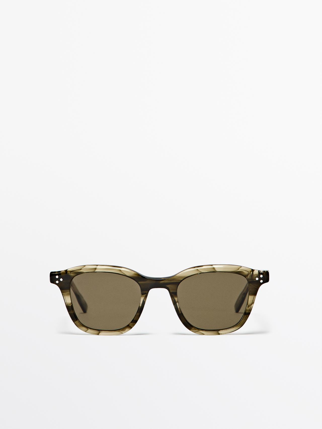 Massimo Dutti - Herre - Rektangulære Solbriller Med Imiteret Skildpaddeskjoldseffekt - Grøn - 01