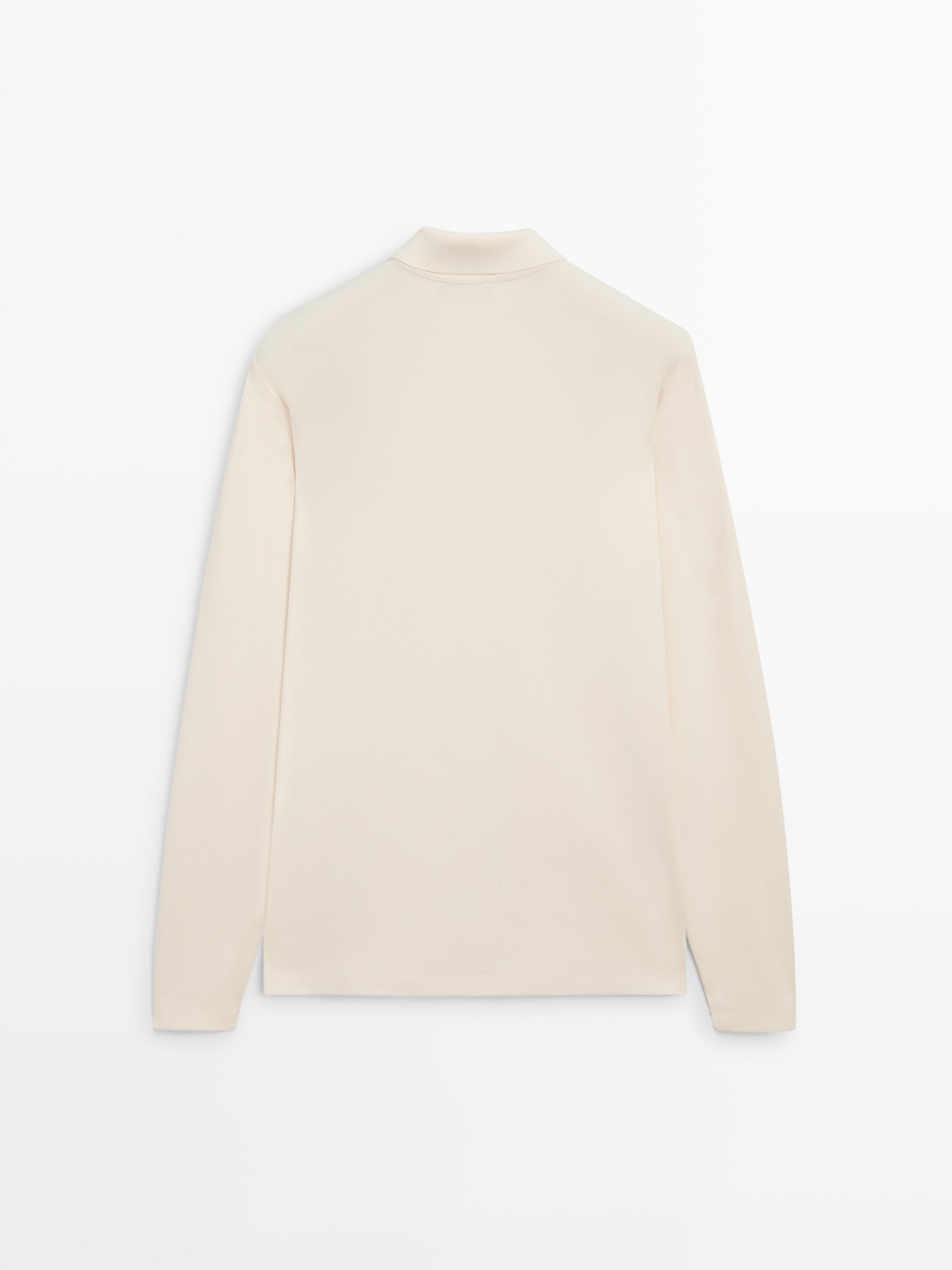 Long sleeve polo shirt with ribbed detail — CREAM