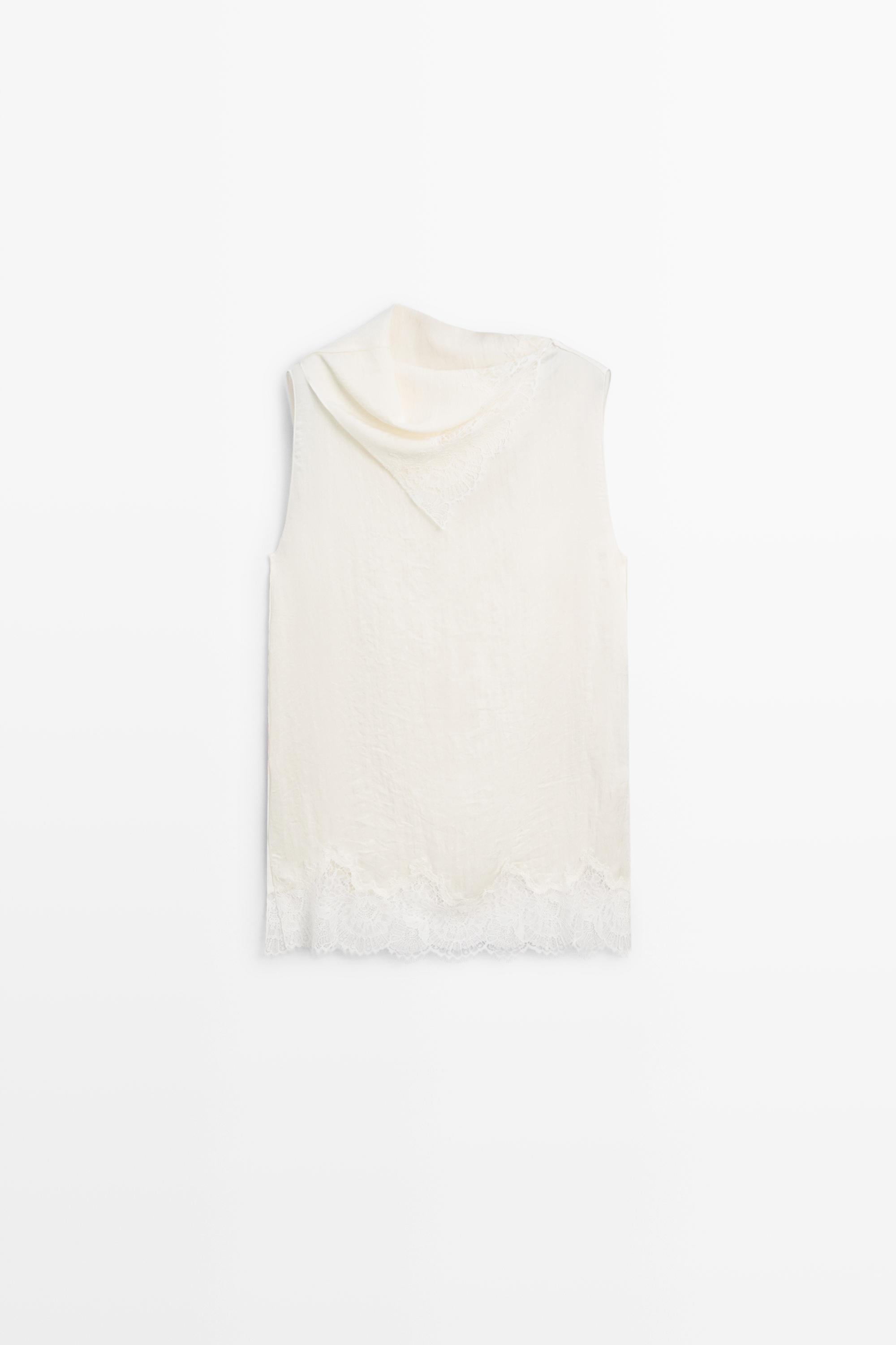 Asymmetric roll neck top with lace detail — CREAM