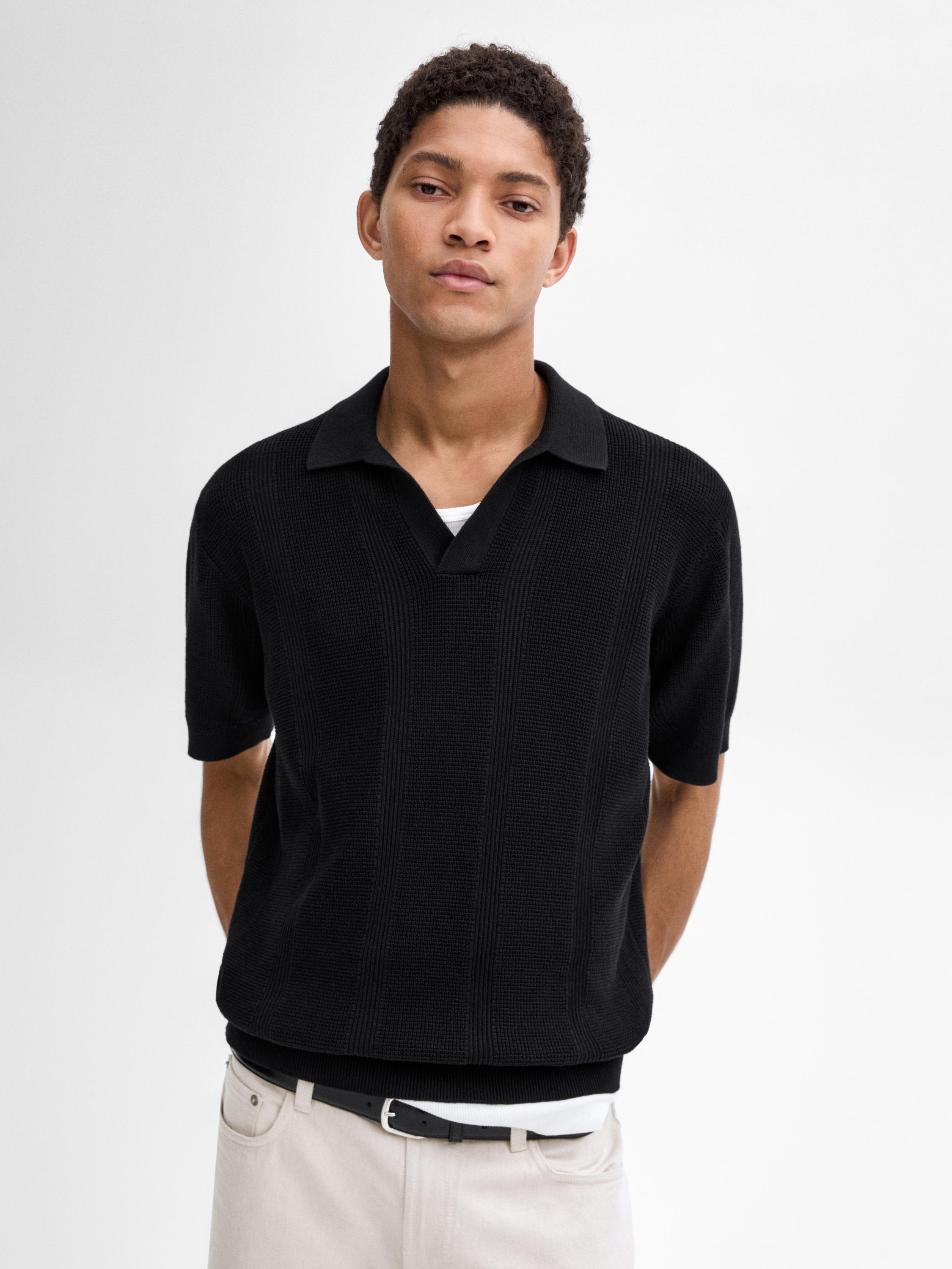 ◆Massimo Dutti◆ Textured knit short sleeve polo shirt Short sleeve cotton knit polo shirt · Black, Beige