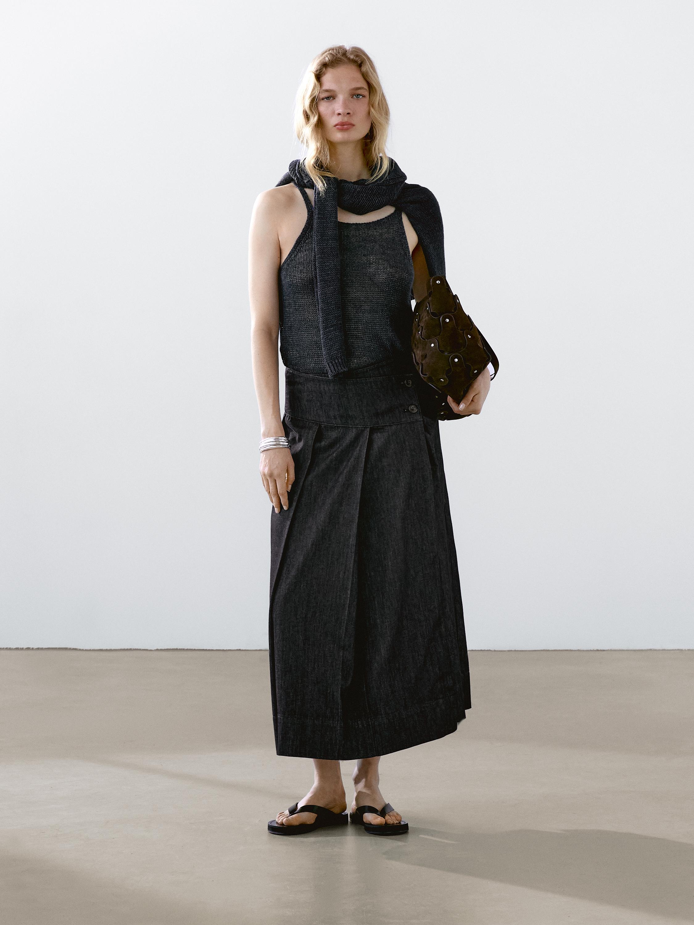 Cotton denim midi skirt