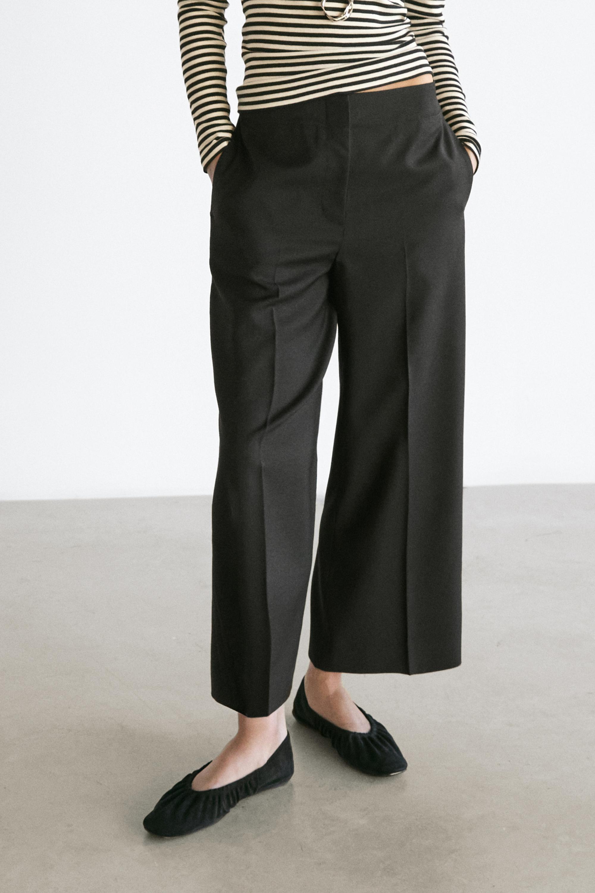 Wide-leg cropped stretch wool trousers — BLACK
