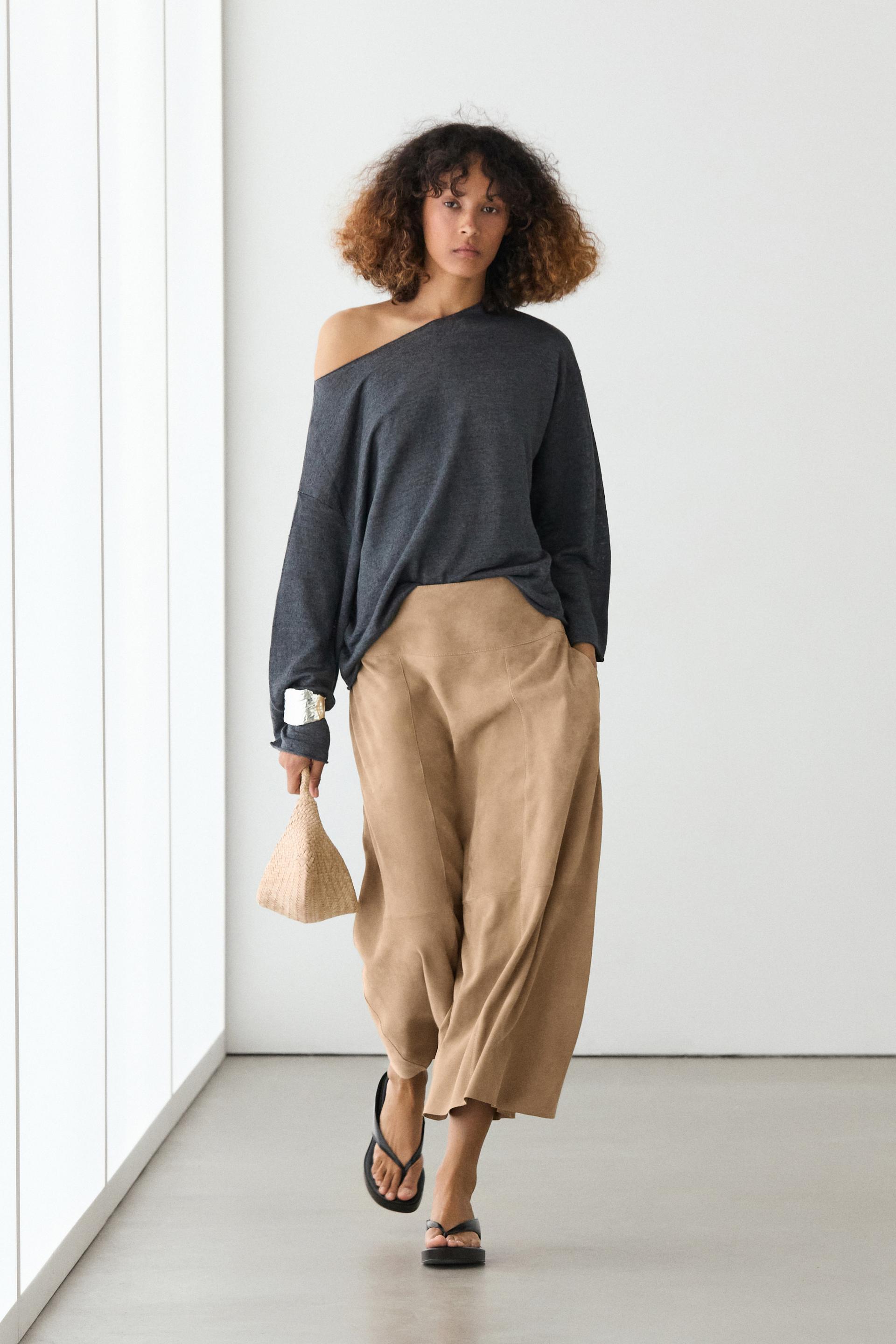 Falda Midi Vuelo Fajín Piel Ante - Arena - S - Massimo Dutti - Mujer