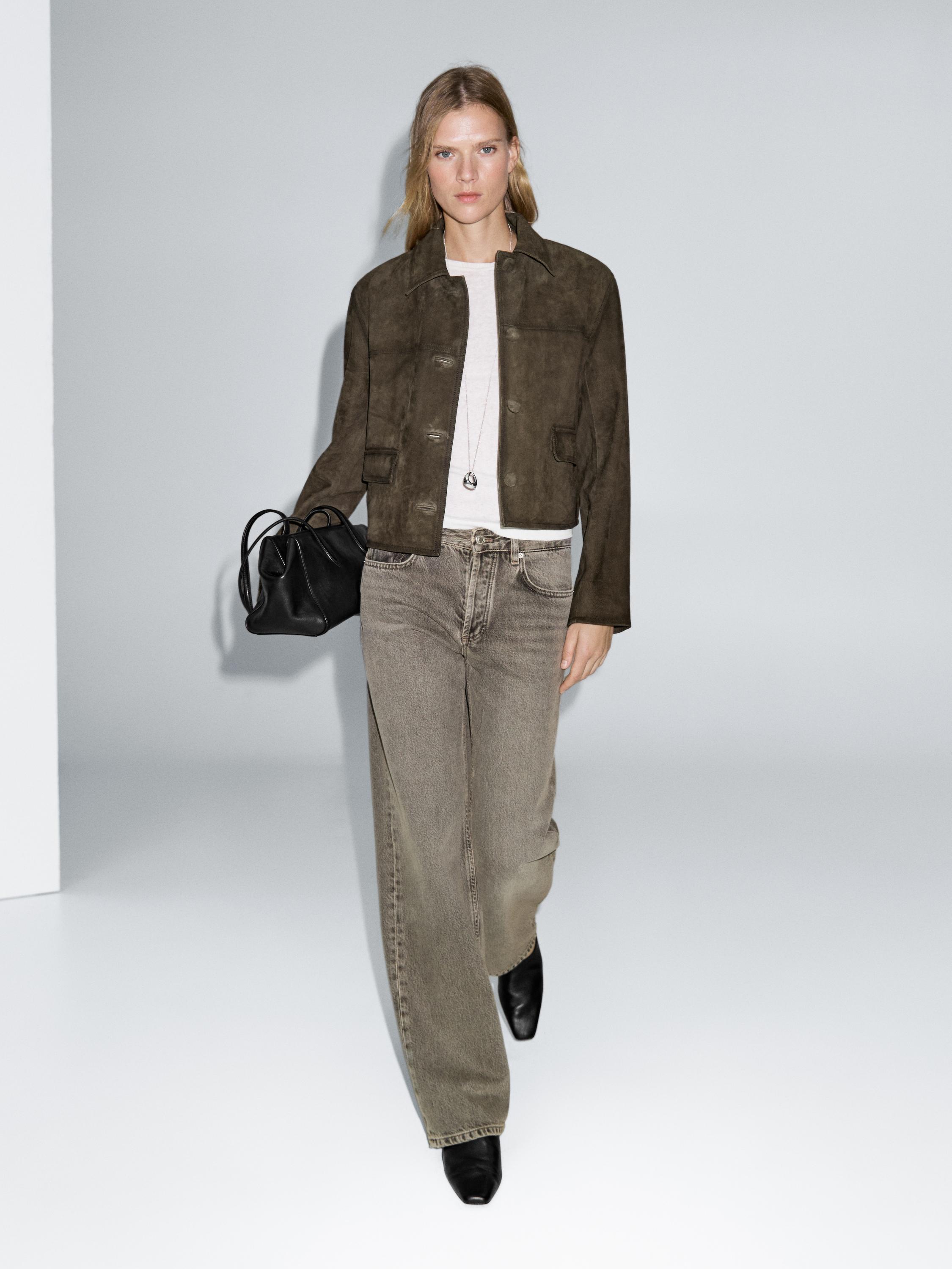 Veste en cuir effet daim avec boutons recouverts