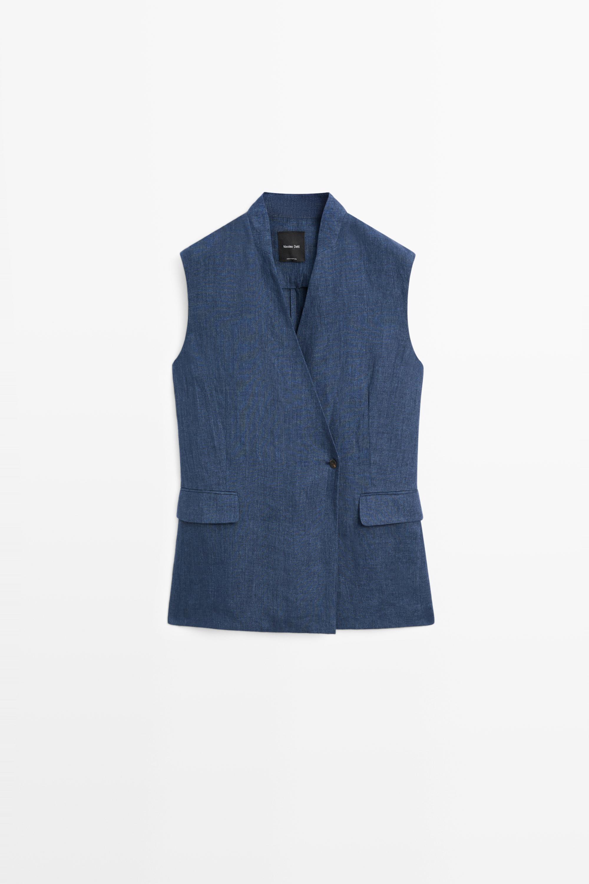 Linen crossover total look vest — NAVY BLUE