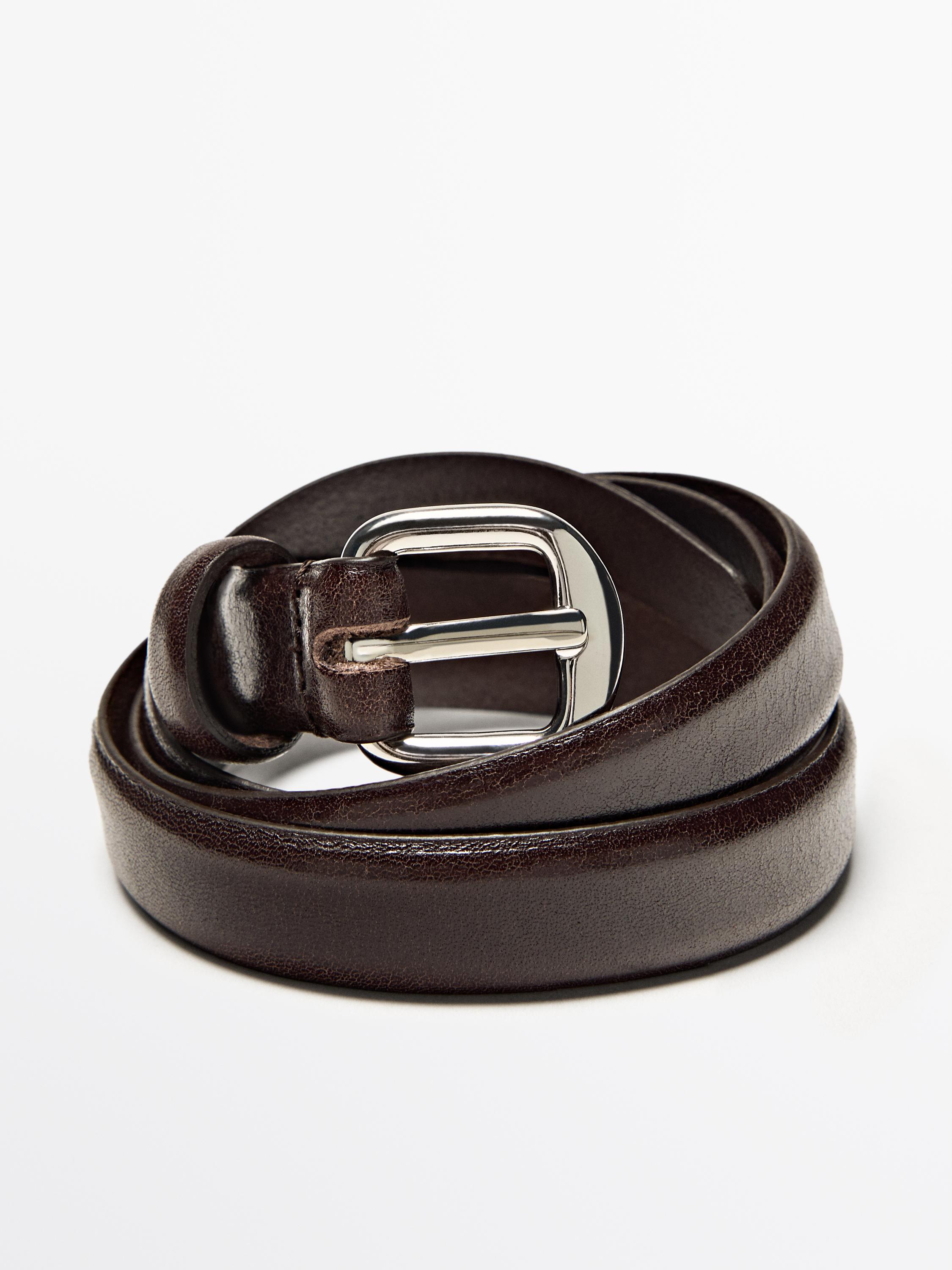 Leather belt with arched buckle — BROWN